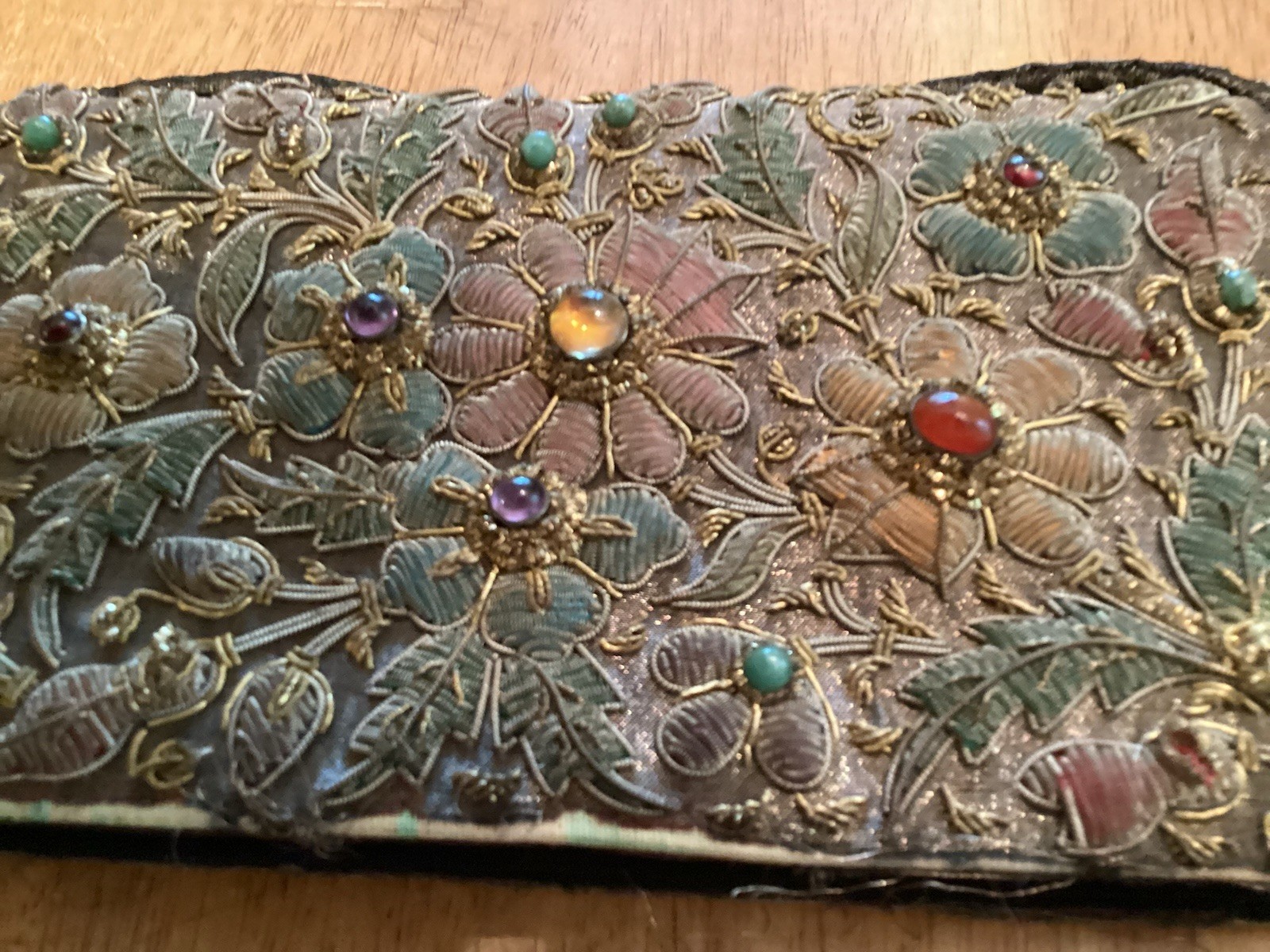 VTG Zardozi Purse W/ Handle, Gold Metal Silk Embroidery Amethyst Amber Jewels,