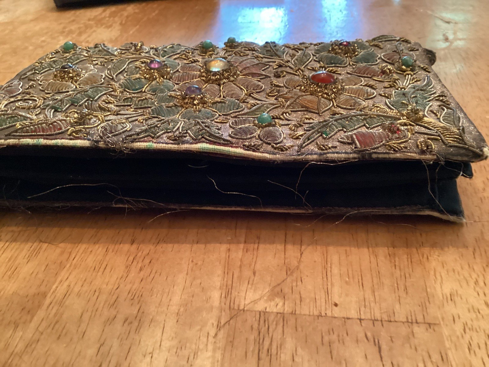 VTG Zardozi Purse W/ Handle, Gold Metal Silk Embroidery Amethyst Amber Jewels,