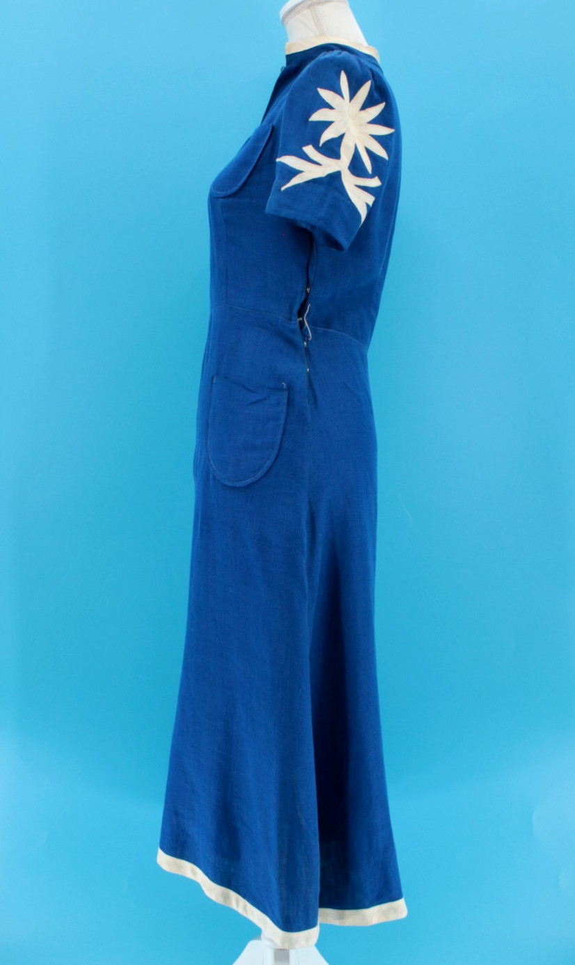 VTG Women’s 30s Royal Blue A Line Dress W/ Floral Applique’ Sleeves Sz S 1930s
