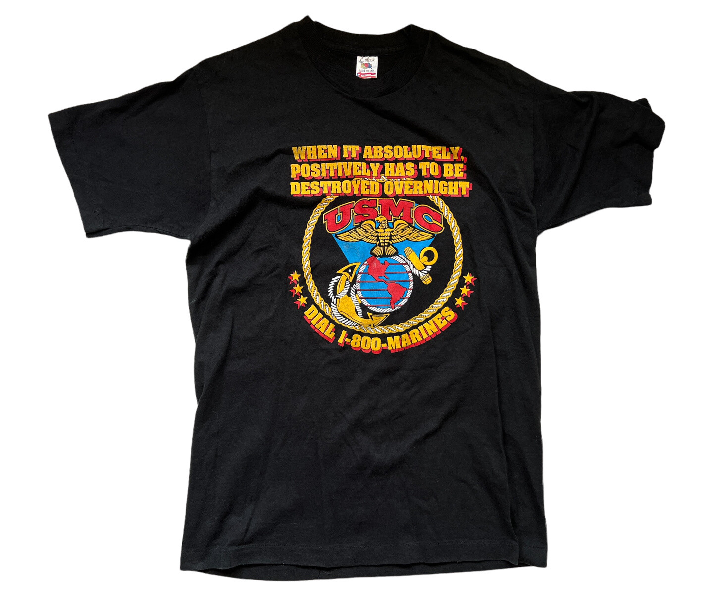 Vintage US Marines Vtg Mens Black T Shirt Large Destroyed Overnight Semper