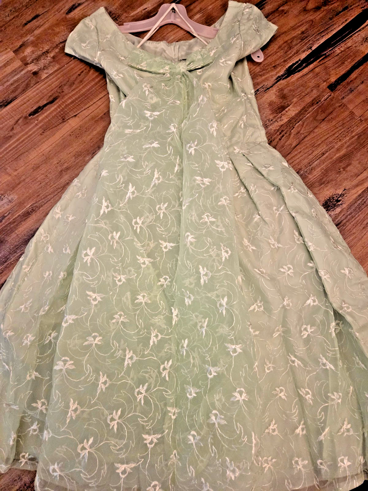 Vtg 1950’s Green Embroidered Nylon TEEN Party Dress Crinoline/Skirt PROM w/BOW