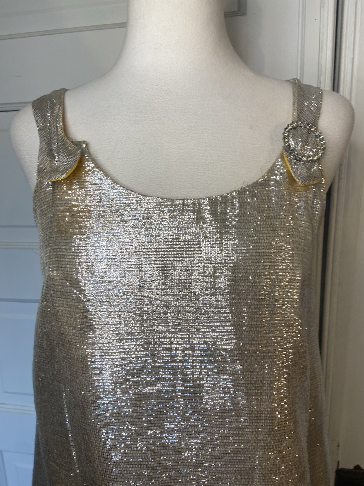 Vintage 60s Space Age Tinsel Foil Mini Dress Marigold Yellow Lining Mod GoGo S