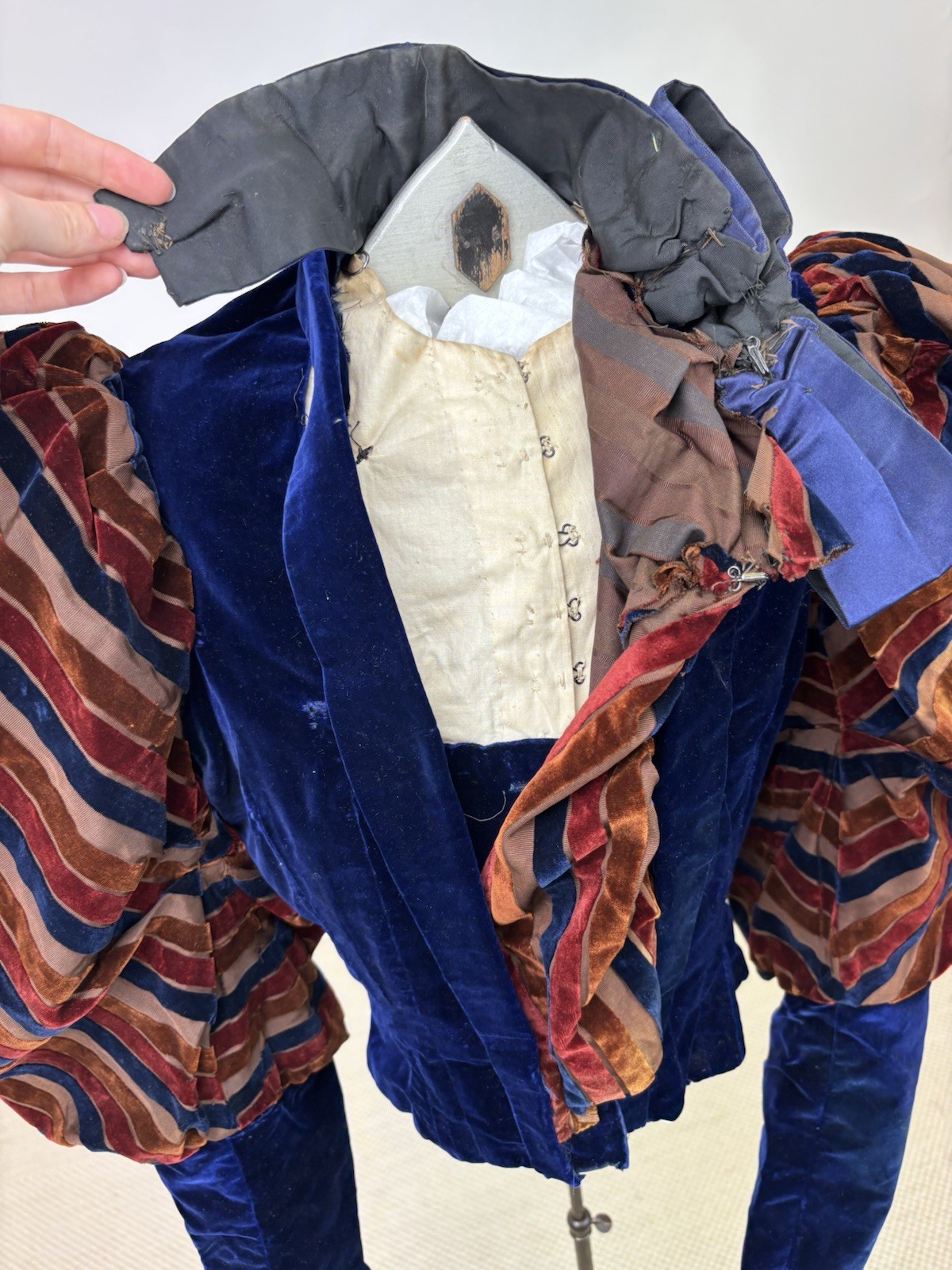 Antique Victorian Royal Blue Velvet Brown Stripes Jacket Leg of Mutton Sleeve