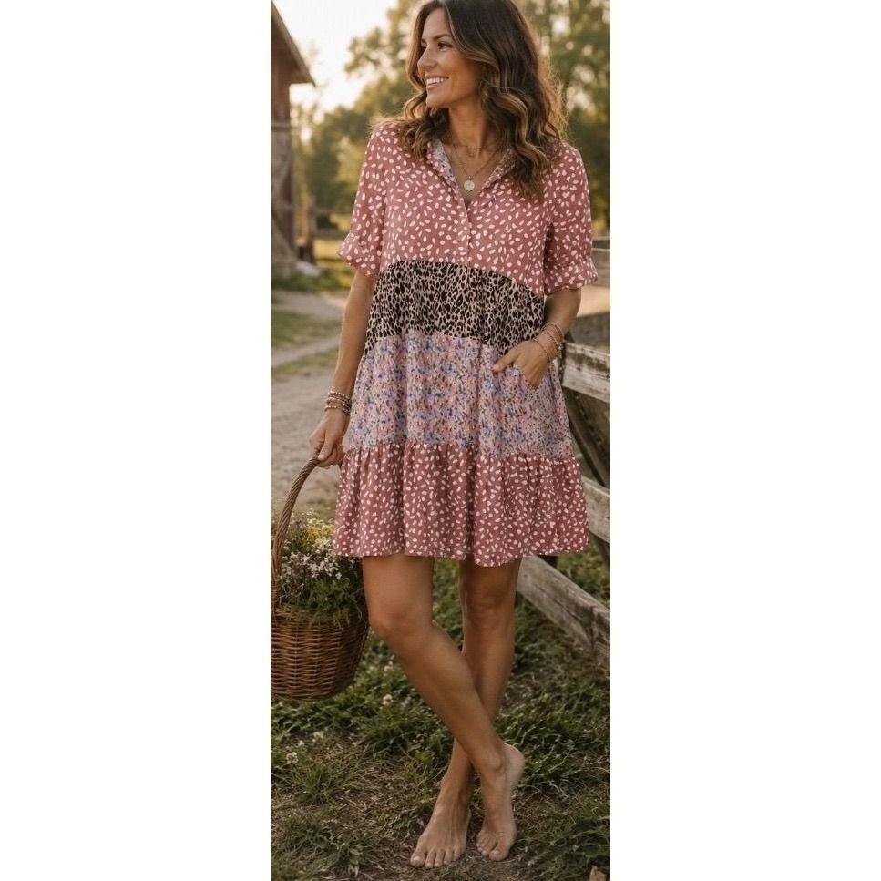 Umgee Mixed Print Tiered Mini Dress Rust Pink Leopard Floral Womens Large