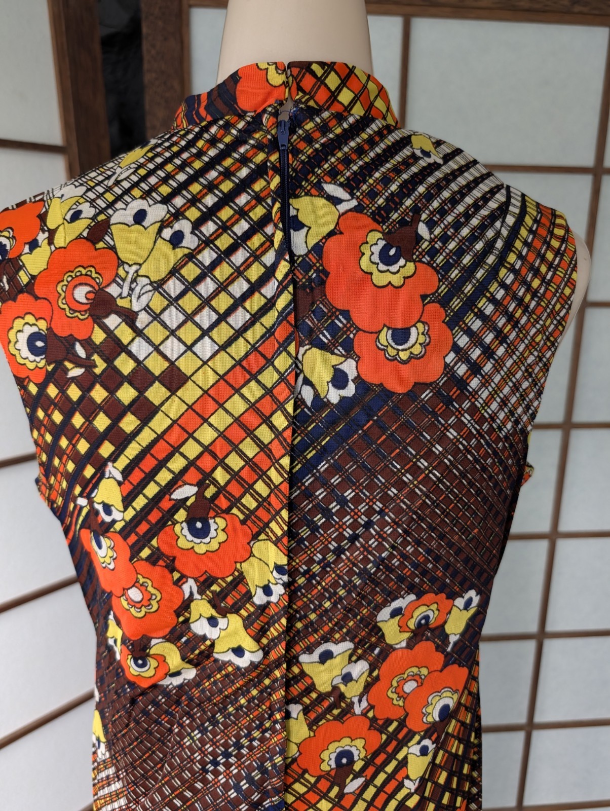 Vintage 1960s Mandarin Collar Maxi Dress Bright Psychedelic Day Glo Hippie S/M