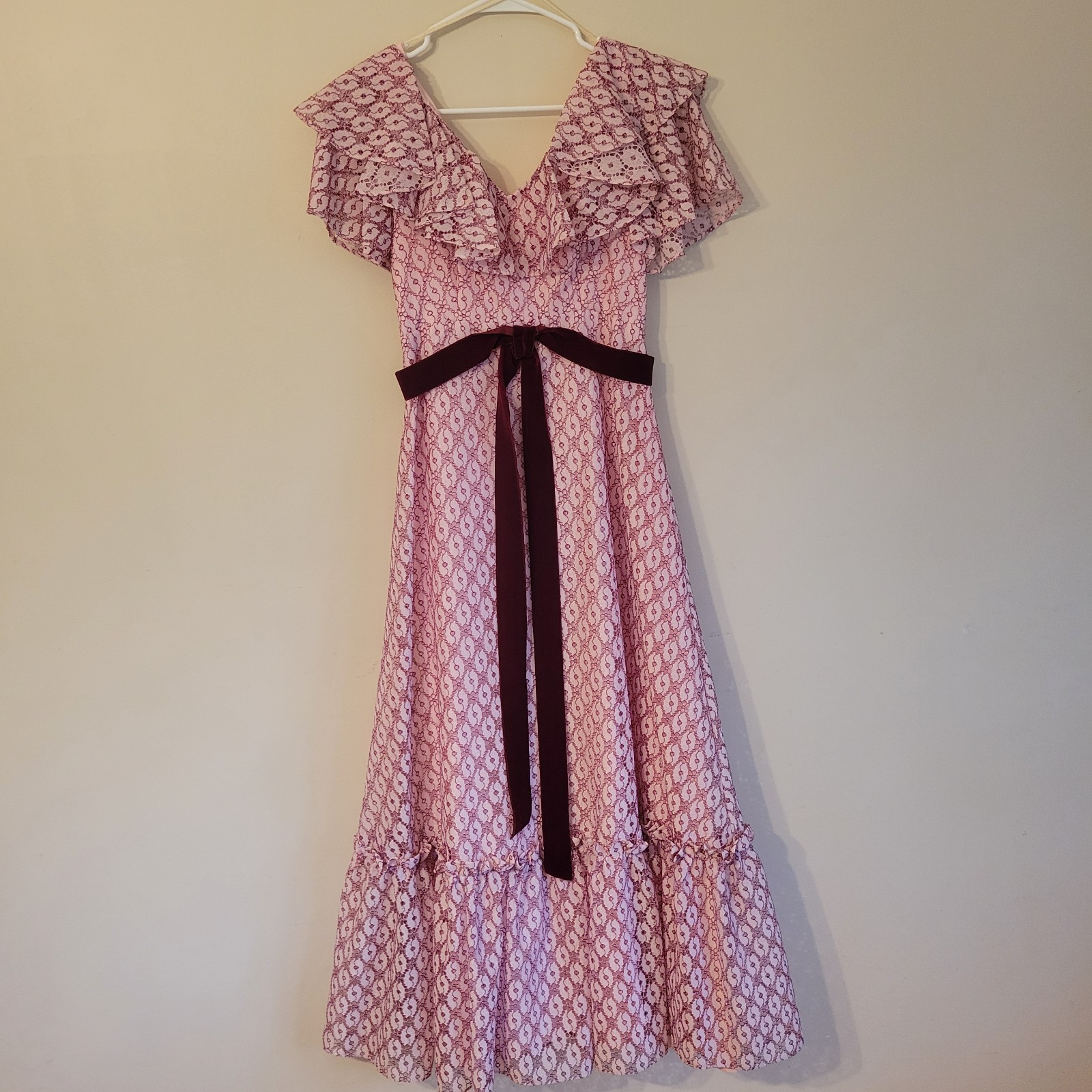 Vtg ILGWU Cottage Core Dress Pink Lace Maxi Ruffle/Layered Cap Sleeve Juniors 11