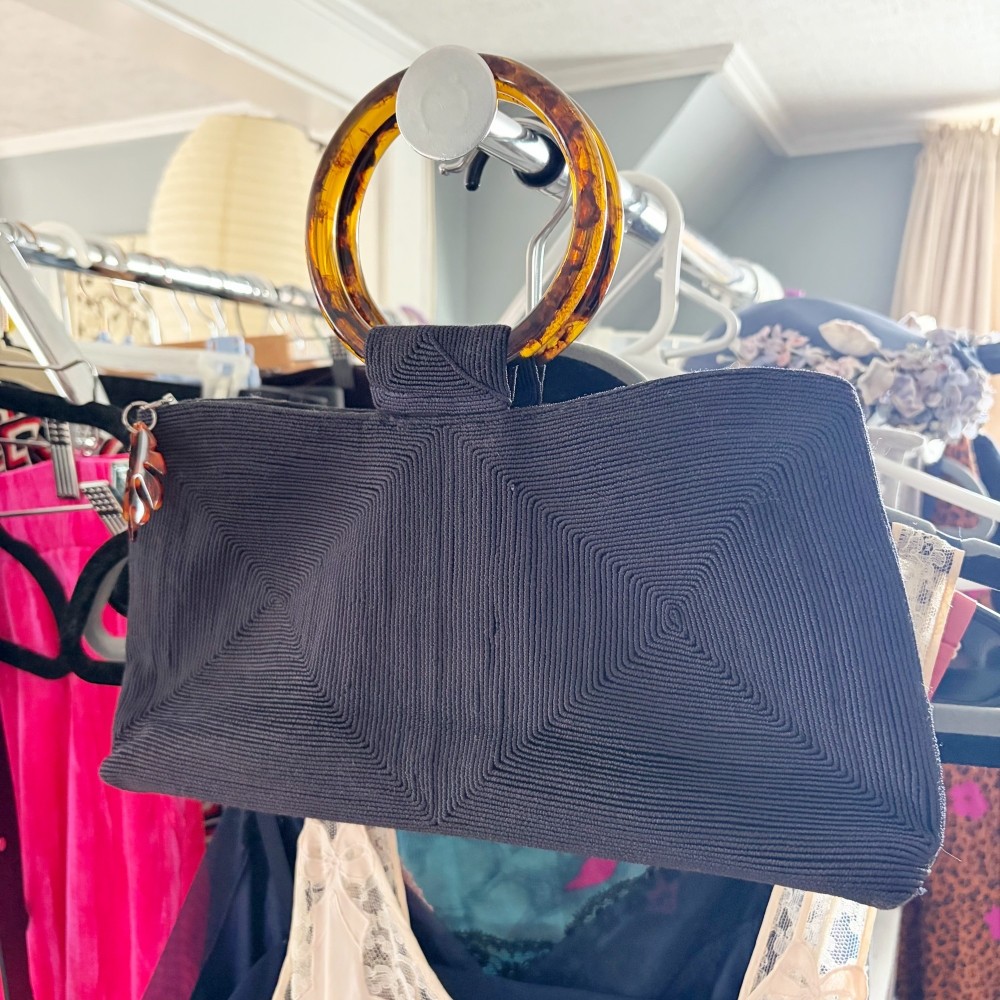 Black Cordé 1940s Vintage Purse with Tortoise Shell Handles