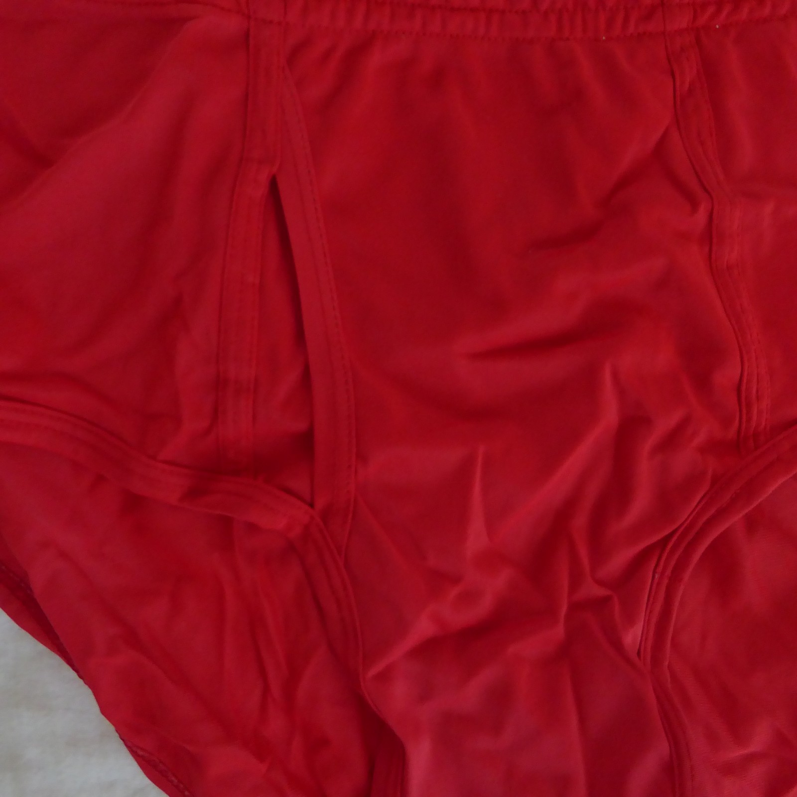 Vtg men’s full-cut brief underwear, unknown brand, red, nylon, L, USA
