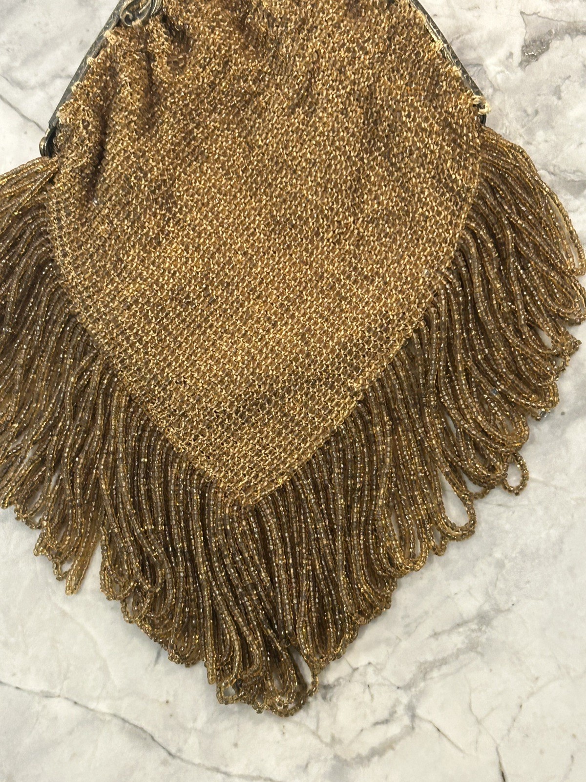 Antique Art Deco Gold Filigree Frame Amber Bead Fringe Silk Lined Flapper Purse