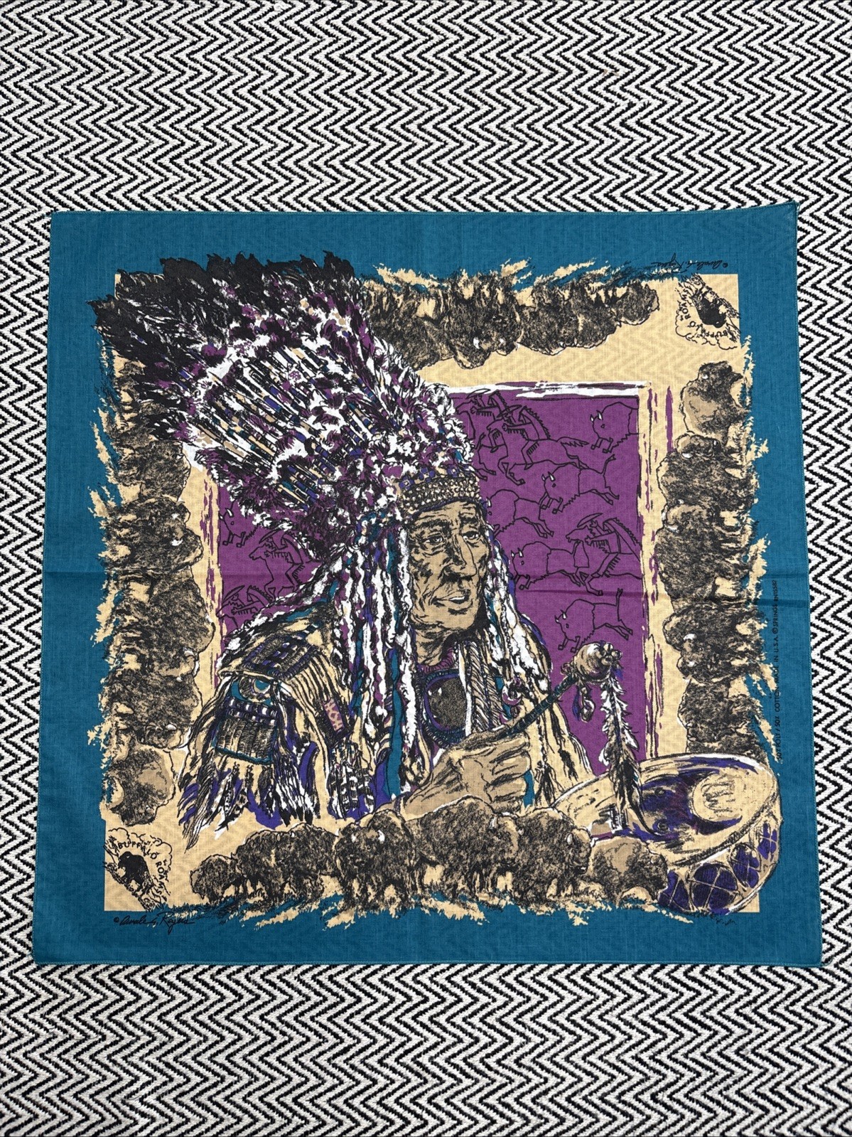 NEW VTG Springs Buffalo Roams Western Bandana Native American Chief Drum Pow Wow