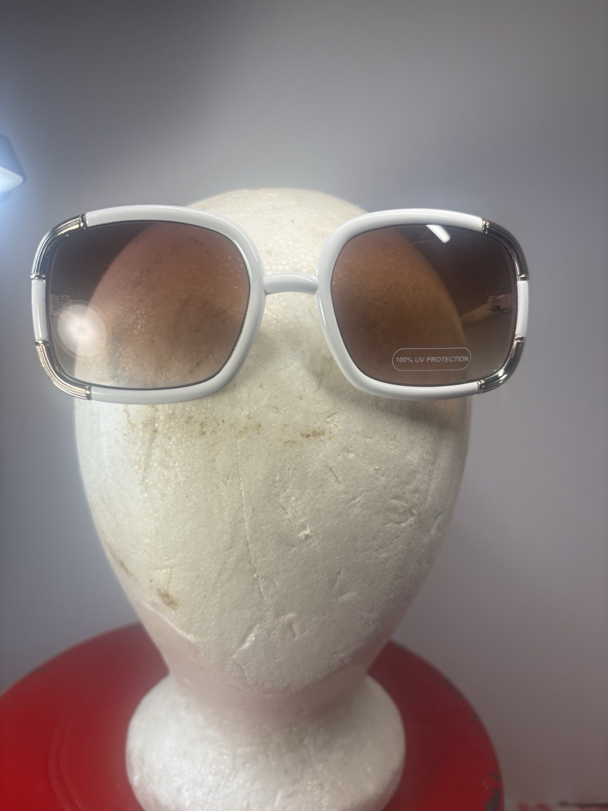 Joan Boyce White Gold Oversized Sunglasses Brown Lens 100% UV Protection Case