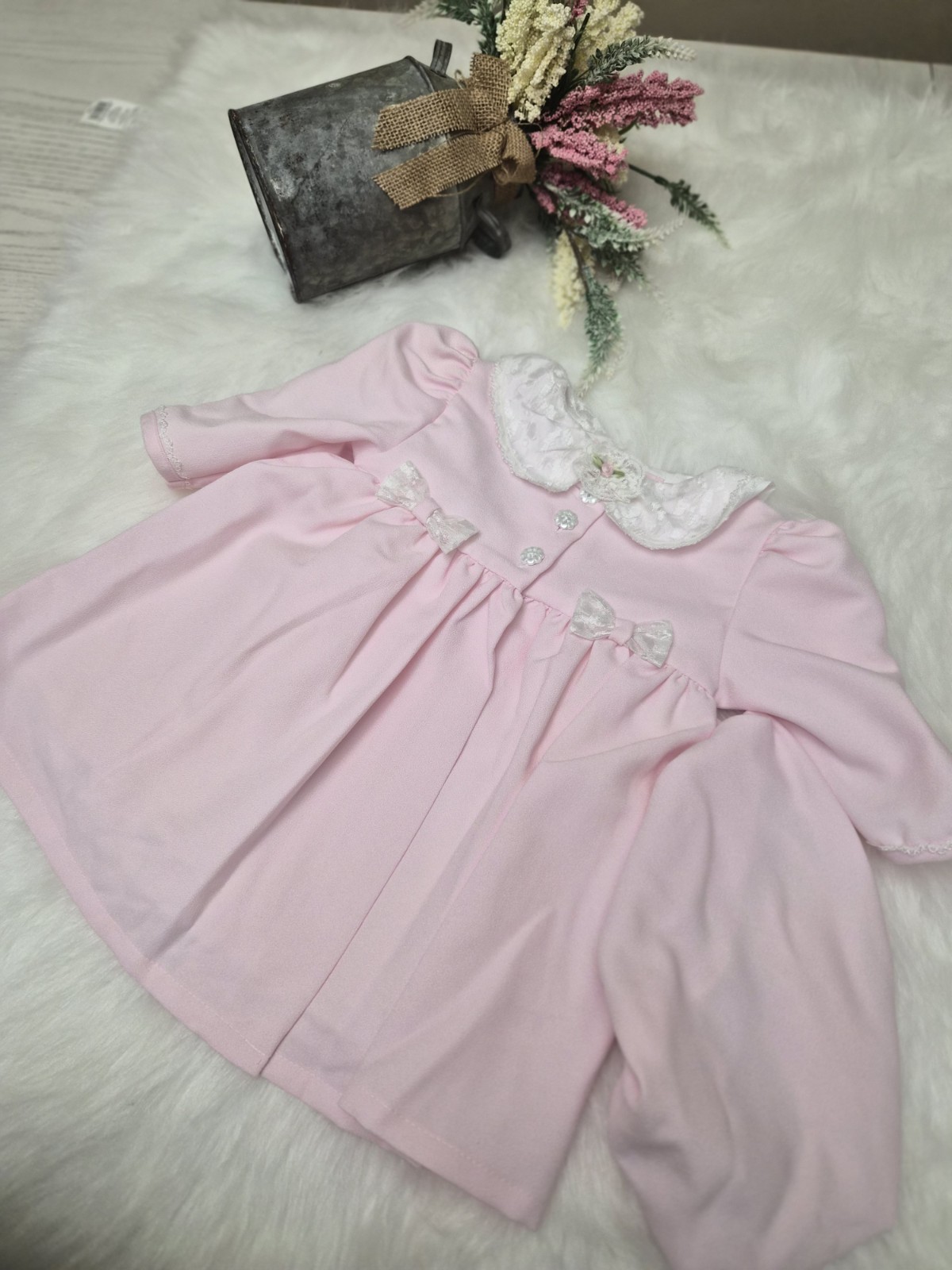 Vintage 3 pcs Baby Girl Dress Outfit Rose Cottage Size 12m Pink