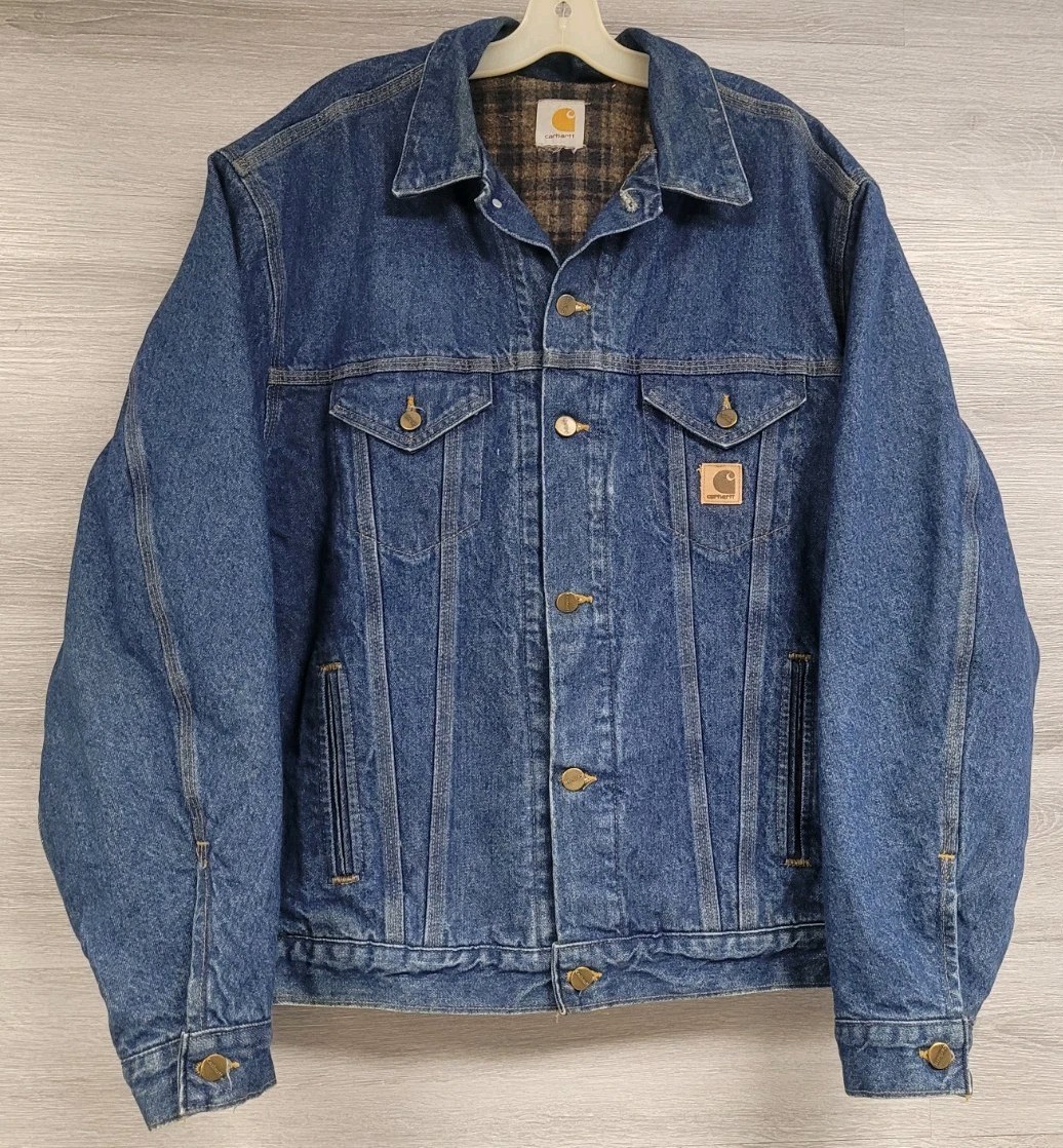 MENS VINTAGE CARHARTT DENIM JACKET PLAID BLANKET LINING TRUCKER WORKWEAR SIZE XL