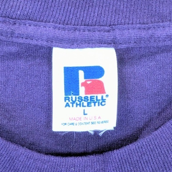 Vintage Russell Athletic Purple Cotton T-Shirt Mens Large Made in USA Logo Tee