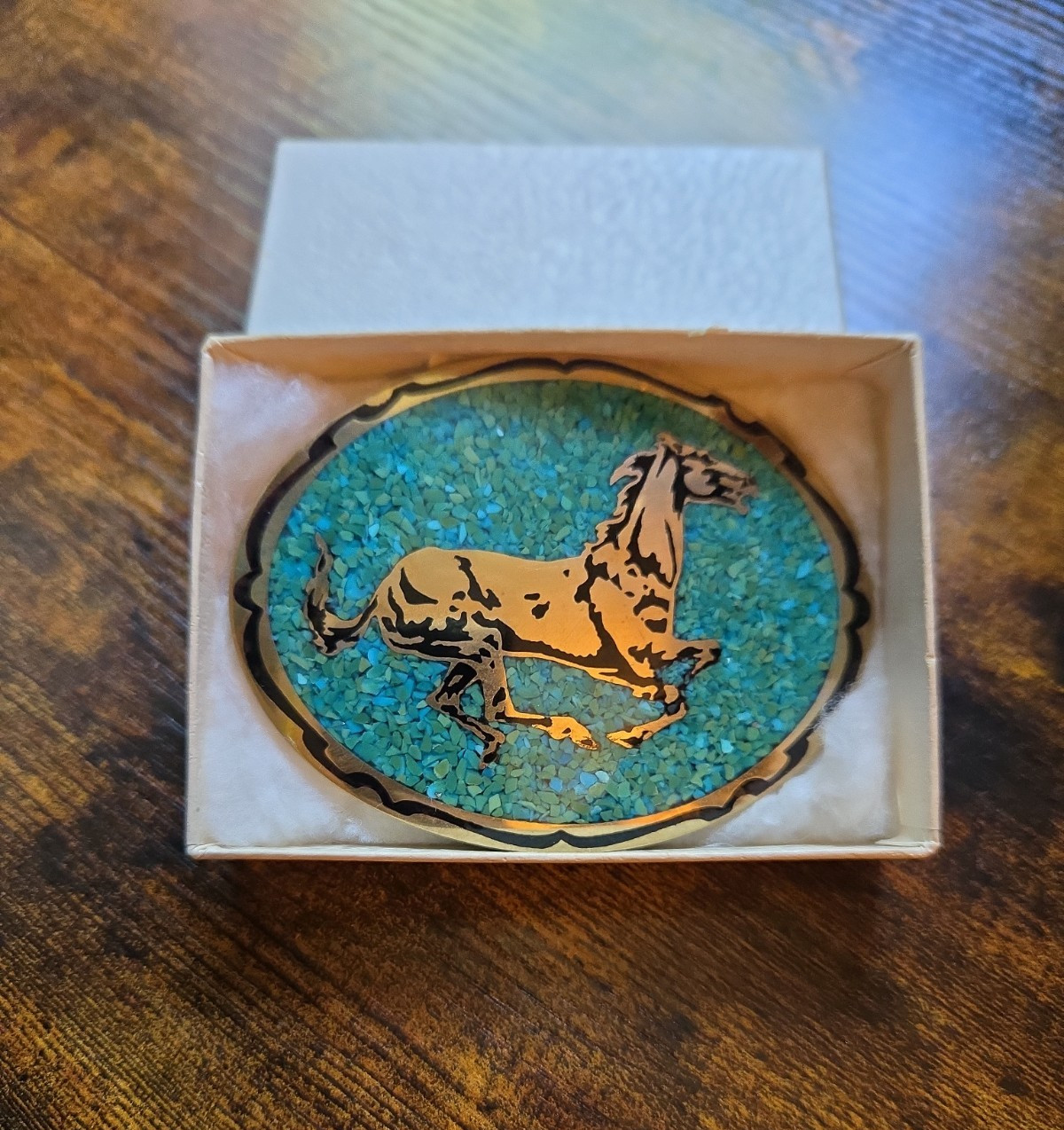 Vintage Horse Brass Belt Buckle Turquoise Chip Inlay Signed MJL 1981 Western