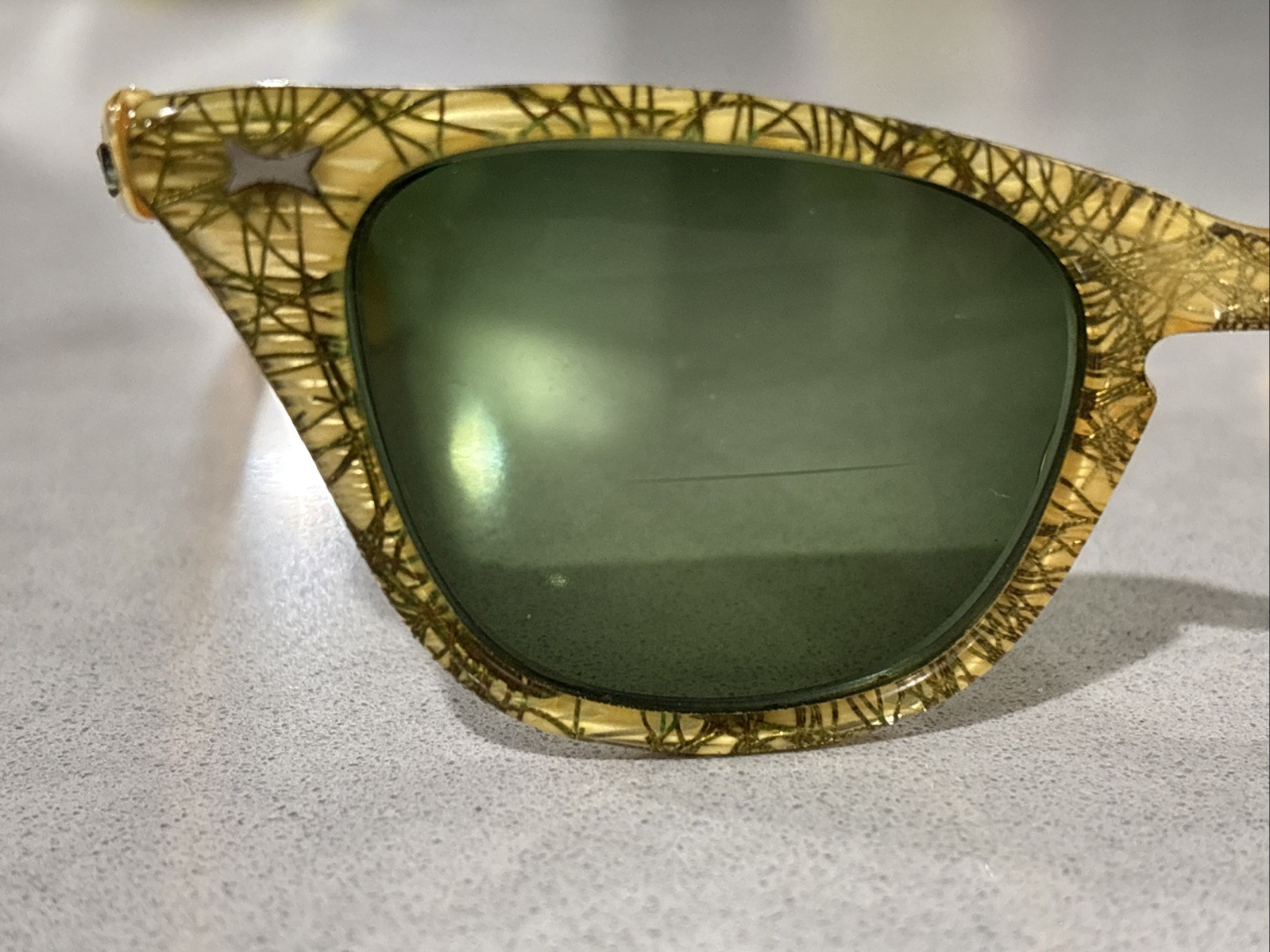Vintage 50s Cat Eye Sunglasses Amber Wood Grain Lenses Unbranded Rx With Case