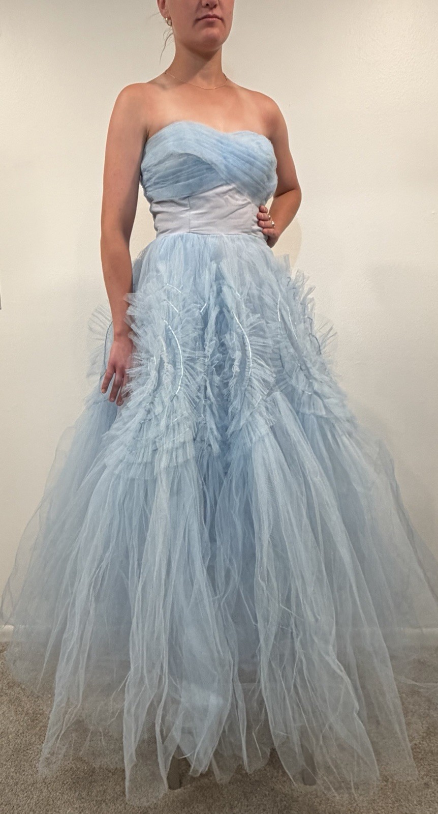 Vintage 50s Dress Gown Cupcake Formal Ruffle Tiered Tulle Prom Princess Blue