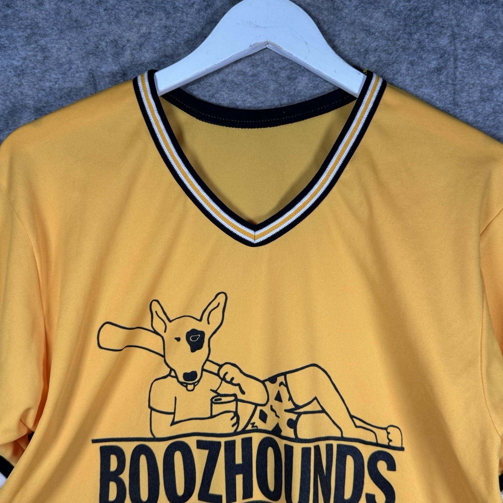 Vintage 80s Felco Baseball Jersey Boozhounds Yellow Mens Size L 21×27 Spud USA