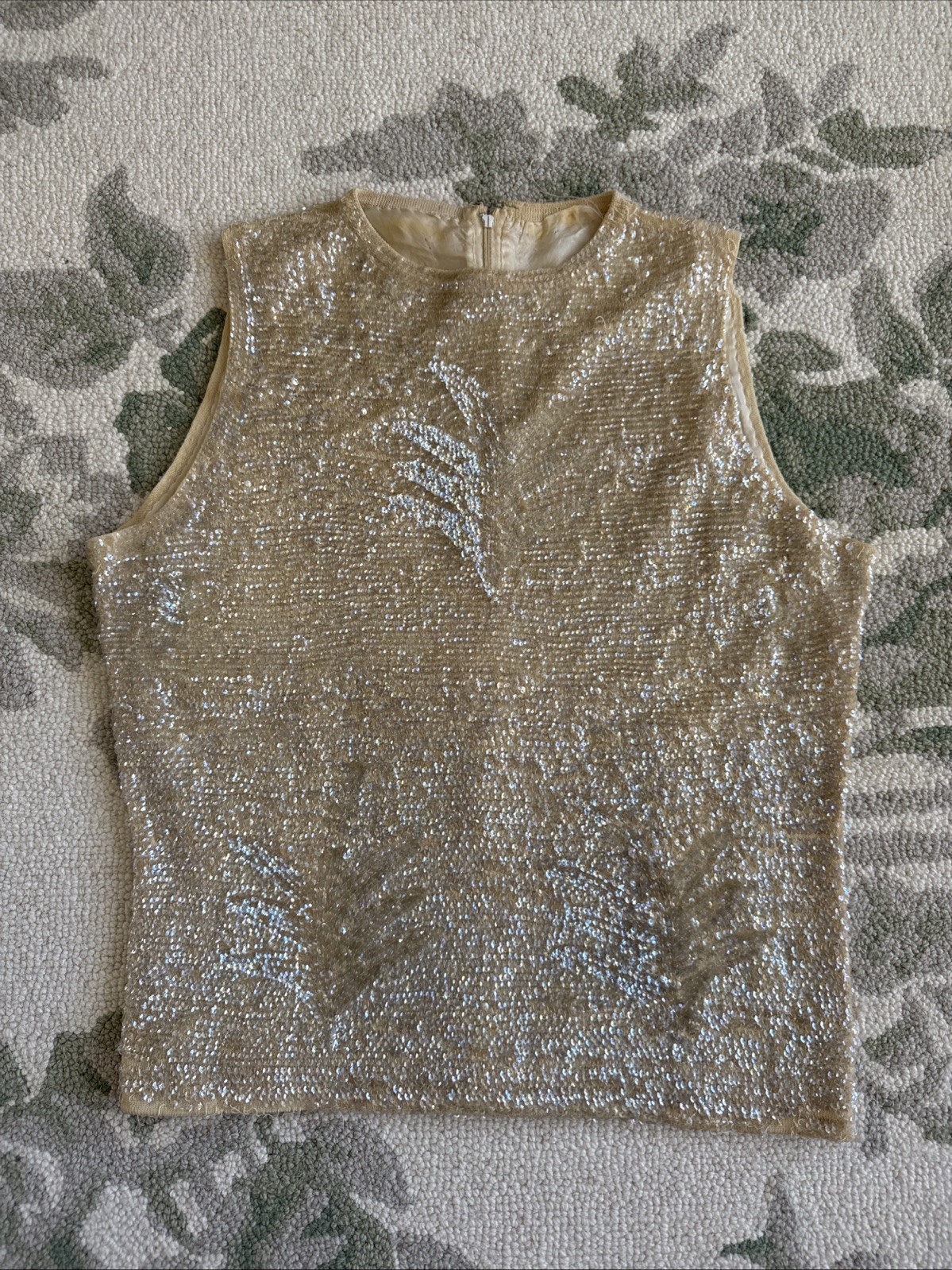 Vintage Mid-19th Century Ivory Wool Sequined Shell Top With Silk Lining Size S/M