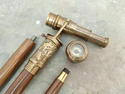 Brass Telescope Compass On Top Head Handle Wooden Walking Stick Cane Hidden Gift