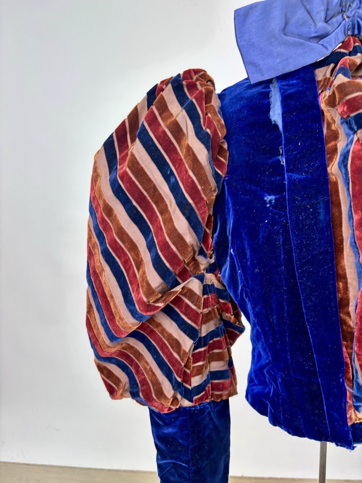 Antique Victorian Royal Blue Velvet Brown Stripes Jacket Leg of Mutton Sleeve