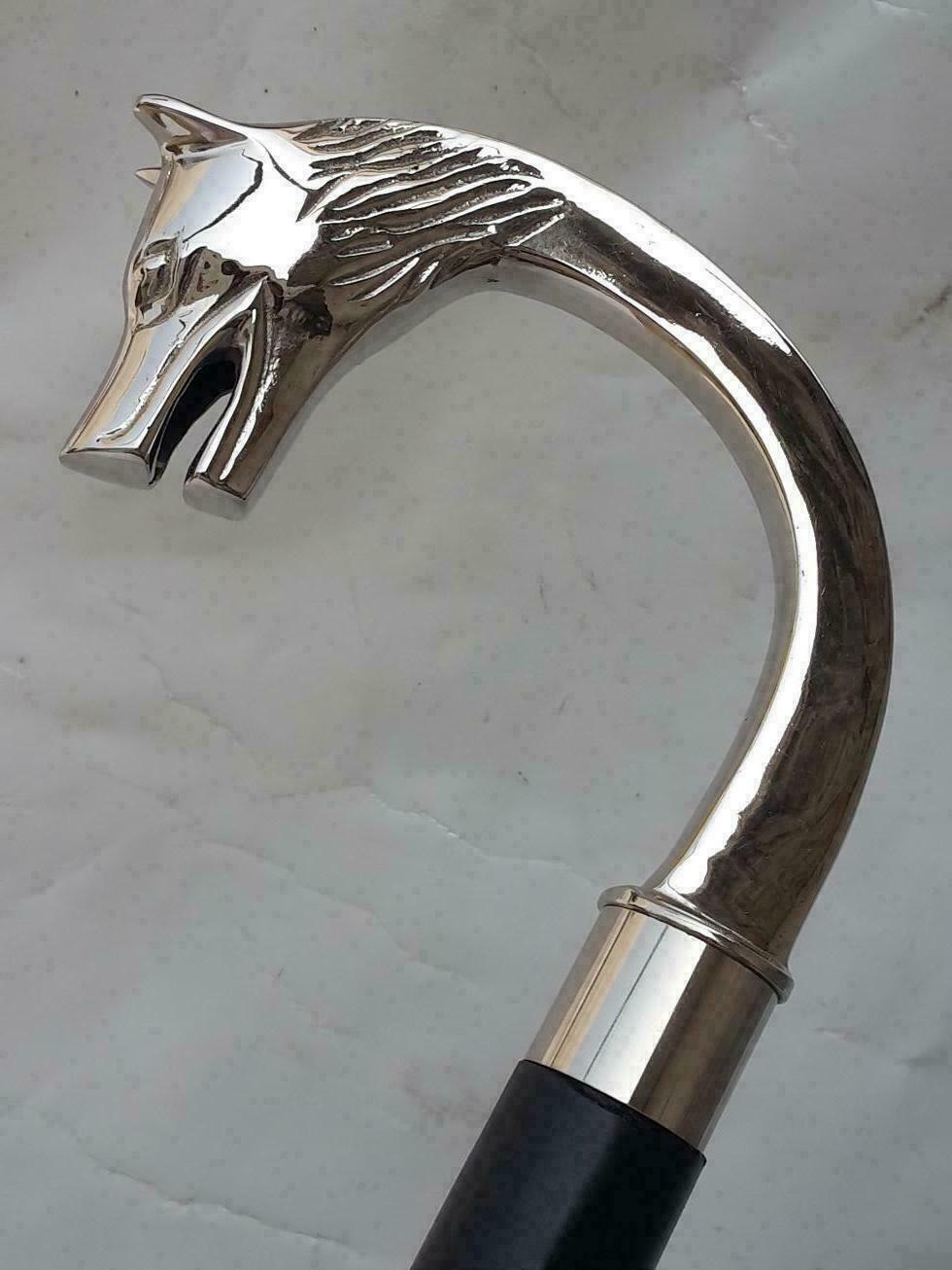 Walking stick Victorian Silver Brass Wolf Head Handle Wooden Shaft Nautical Cane