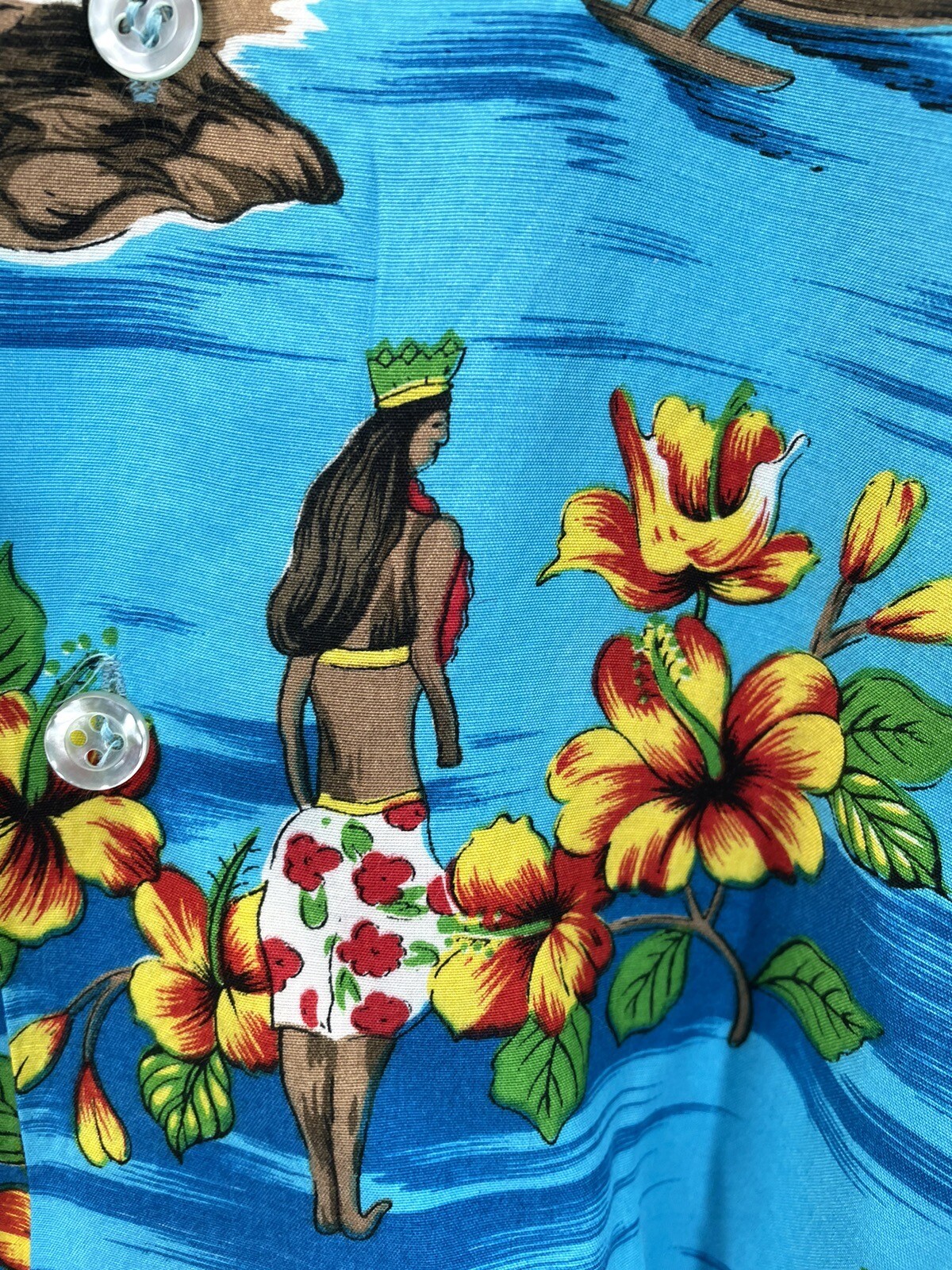 VTG 70s Hawaiian Holiday Hawaiian Shirt Rainbow Volcano RAYON KOREA SZ M (FLAW