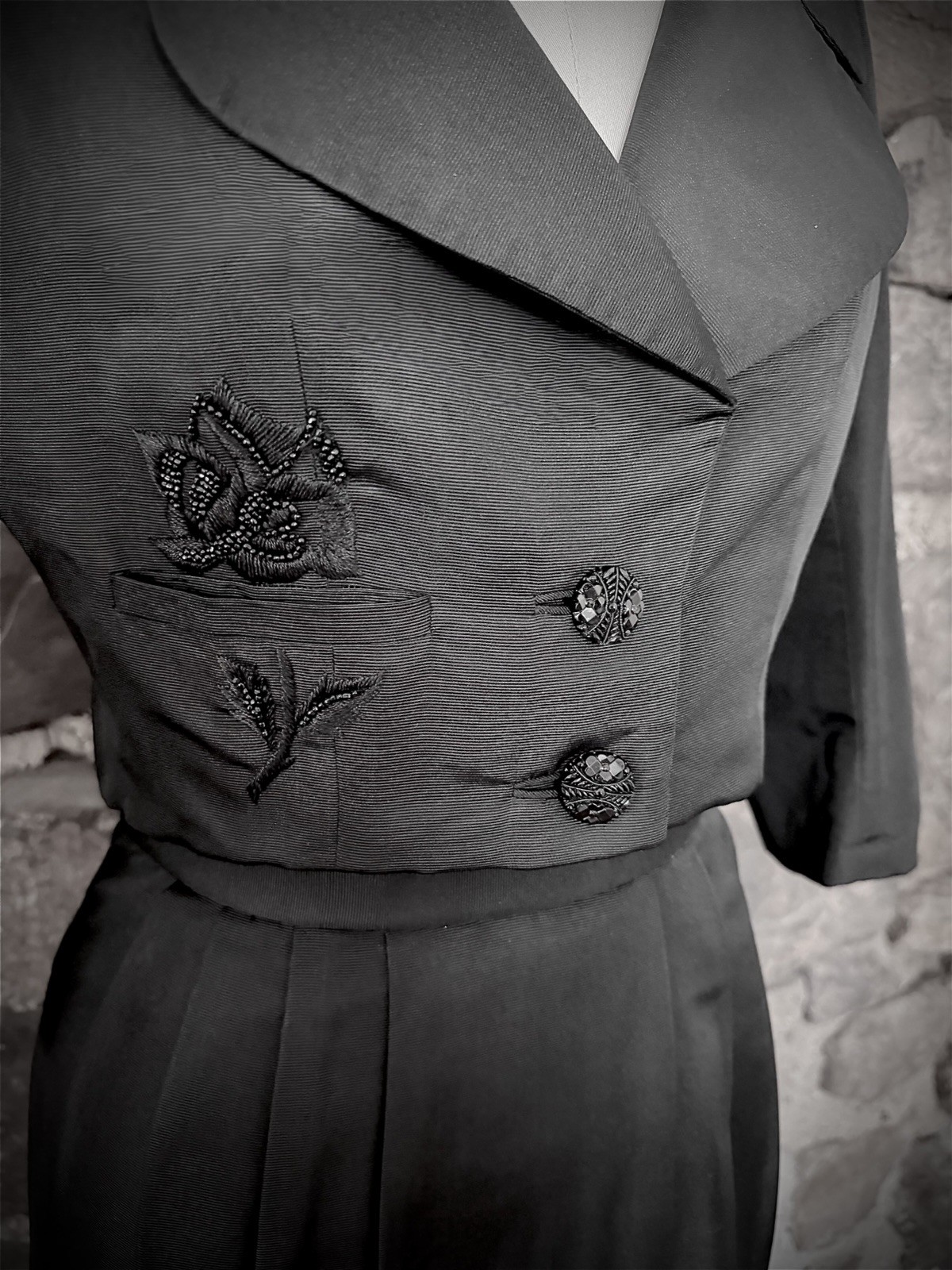 Vintage 1950s Black Tailored Skirt Suit With Cropped Jacket By Helen Rose