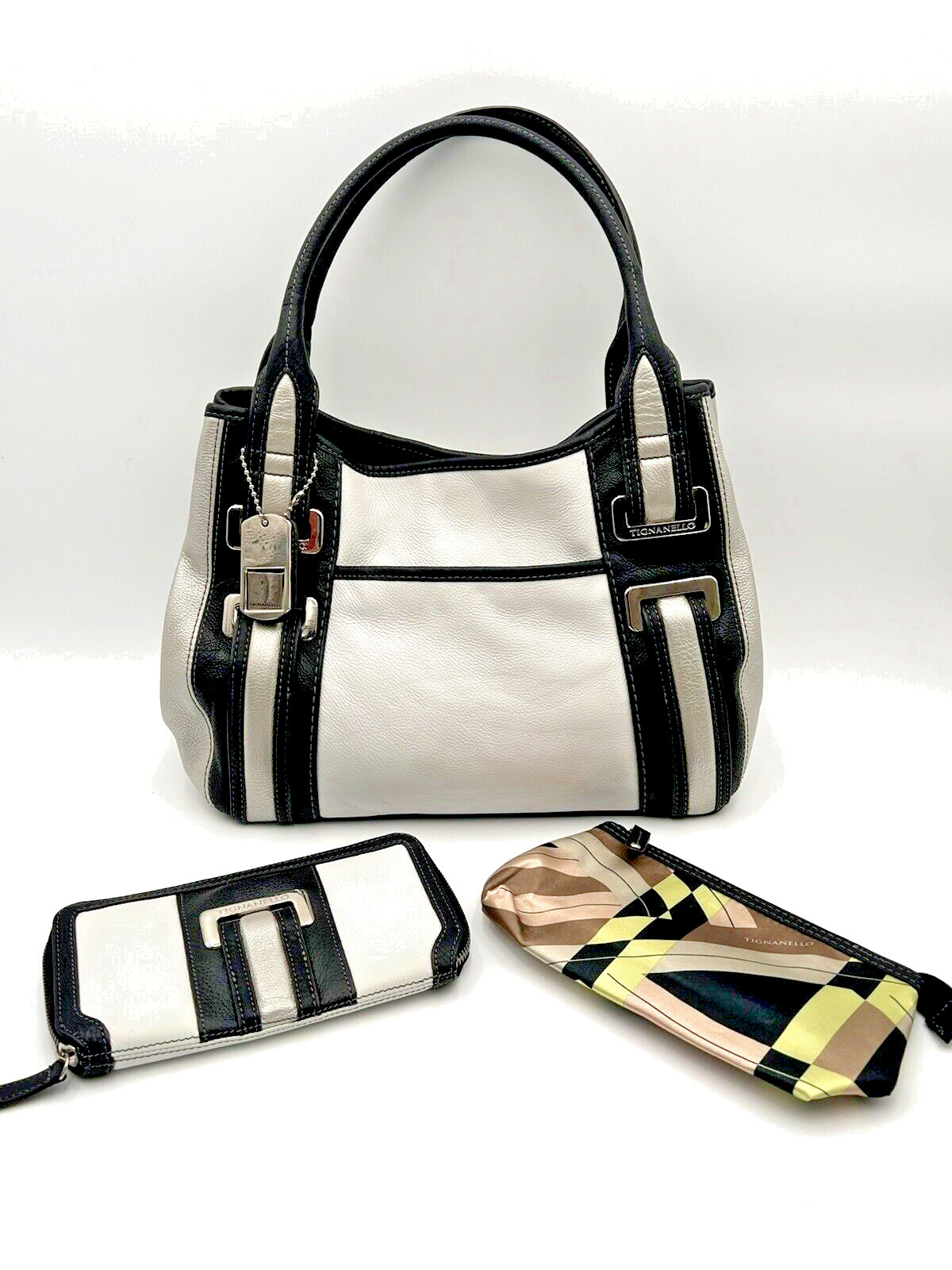 Vintage Tiganello Purse White, Black/Silver w/matching wallet and cosmetic bag