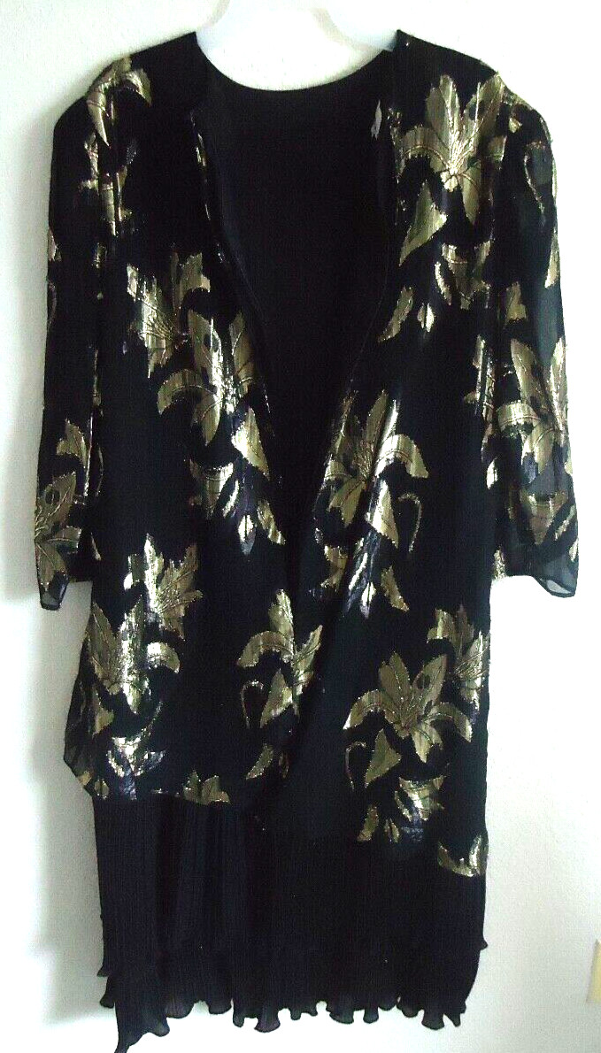 VINTAGE PATRA GOLD METALLIC FLORAL OVER BLACK DRESSY TUNIC & BLACK SATIN SKIRT