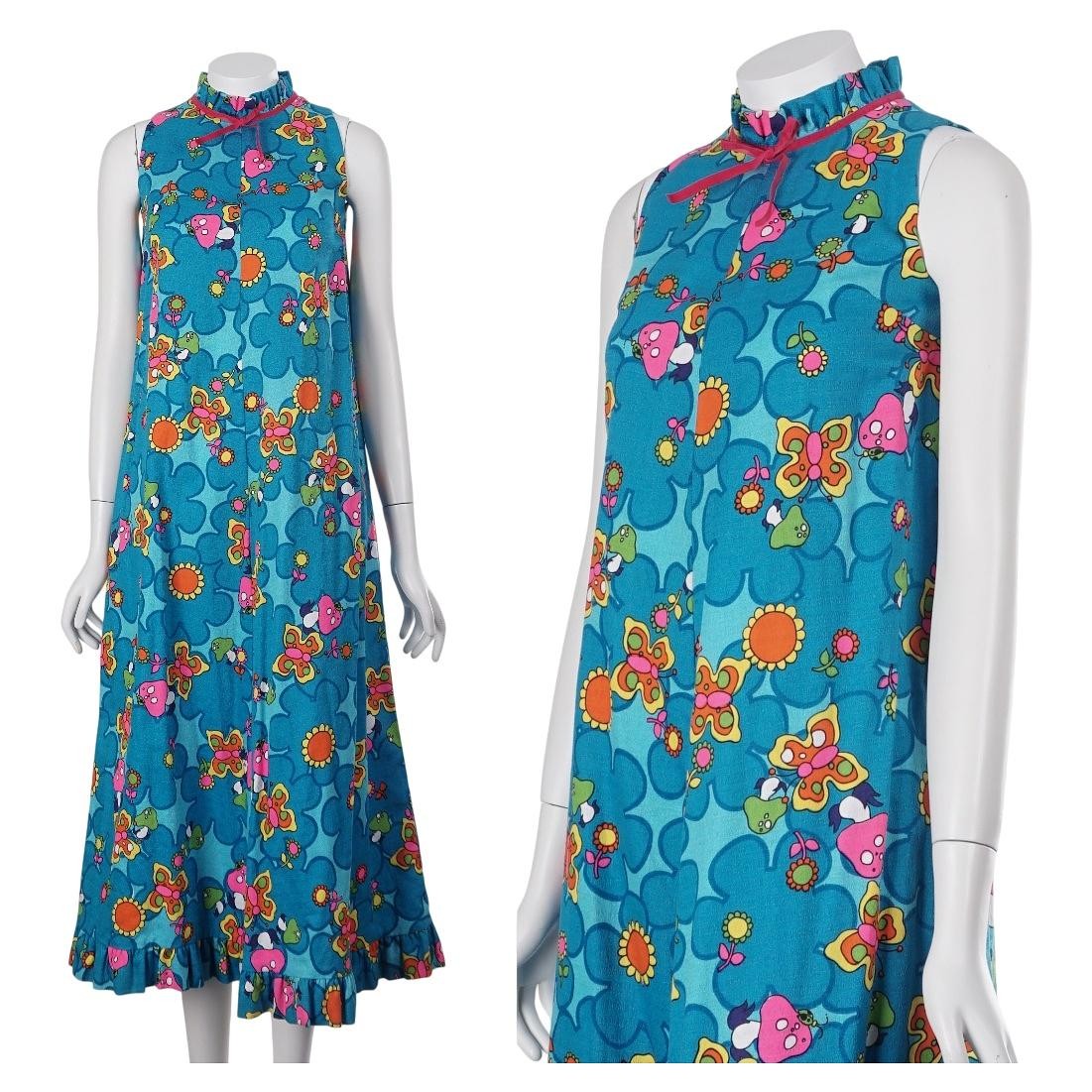 Andrade Honolulu 60s 70s Vintage Dress Mushroom Butterfly A-Line Maxi Hippie