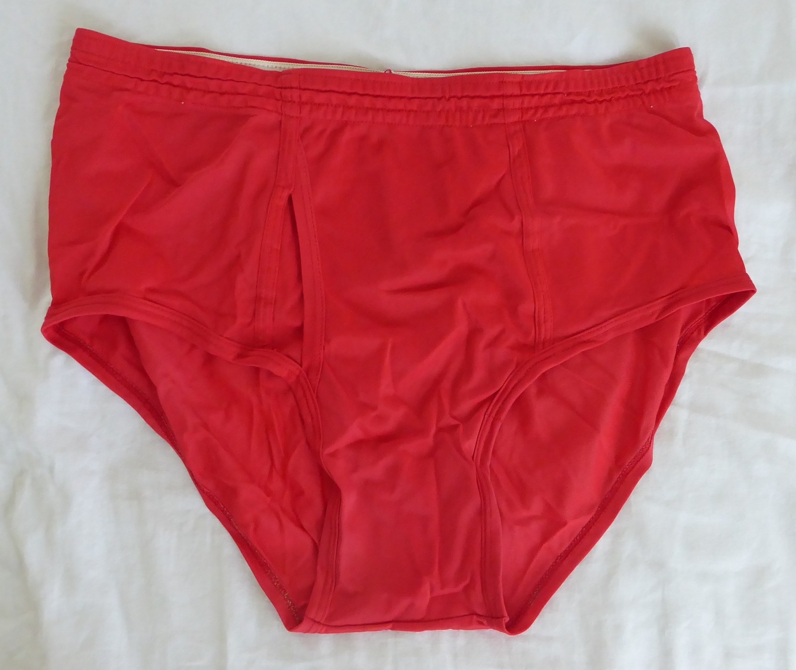 Vtg men’s full-cut brief underwear, unknown brand, red, nylon, L, USA