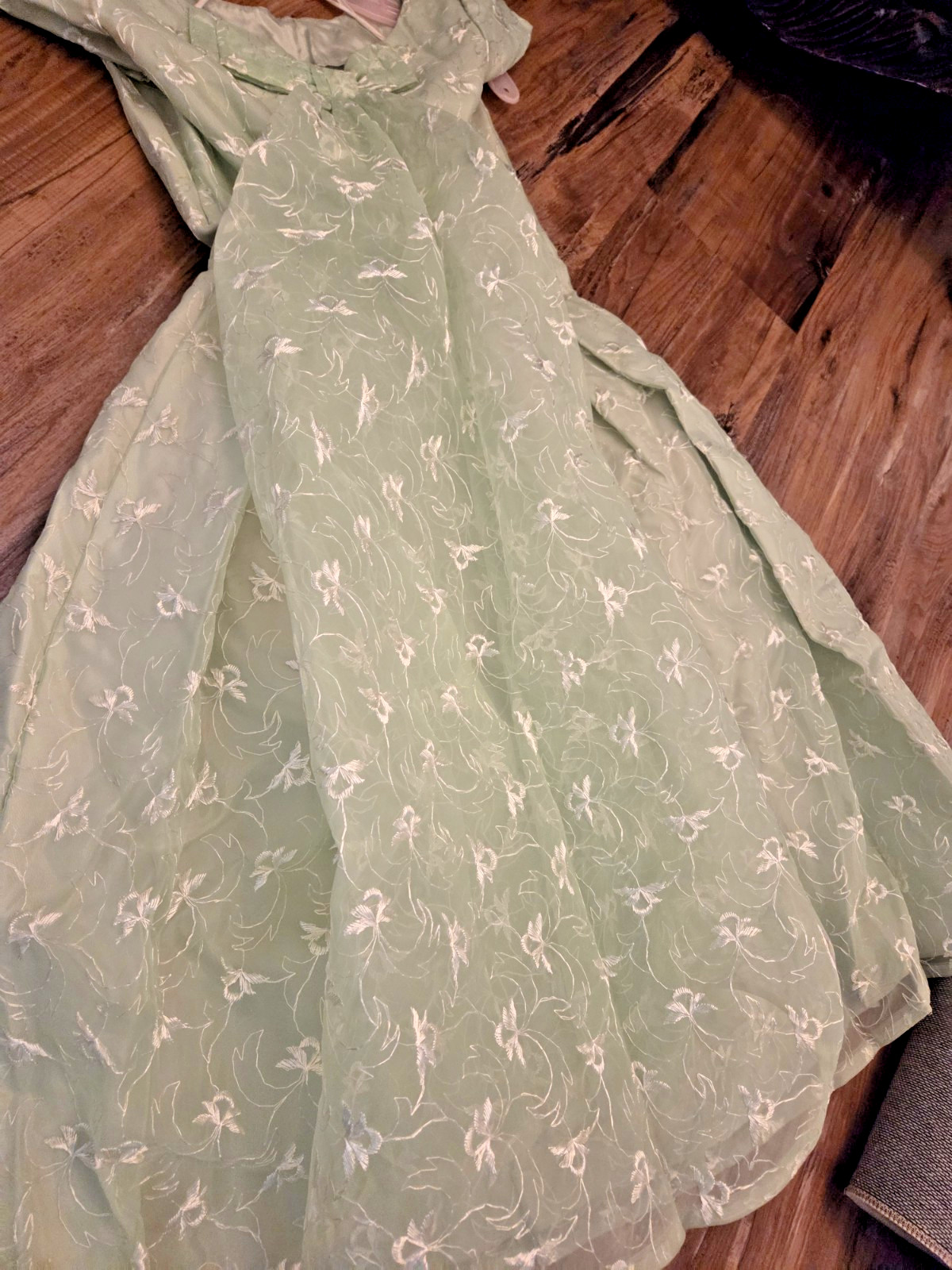 Vtg 1950’s Green Embroidered Nylon TEEN Party Dress Crinoline/Skirt PROM w/BOW