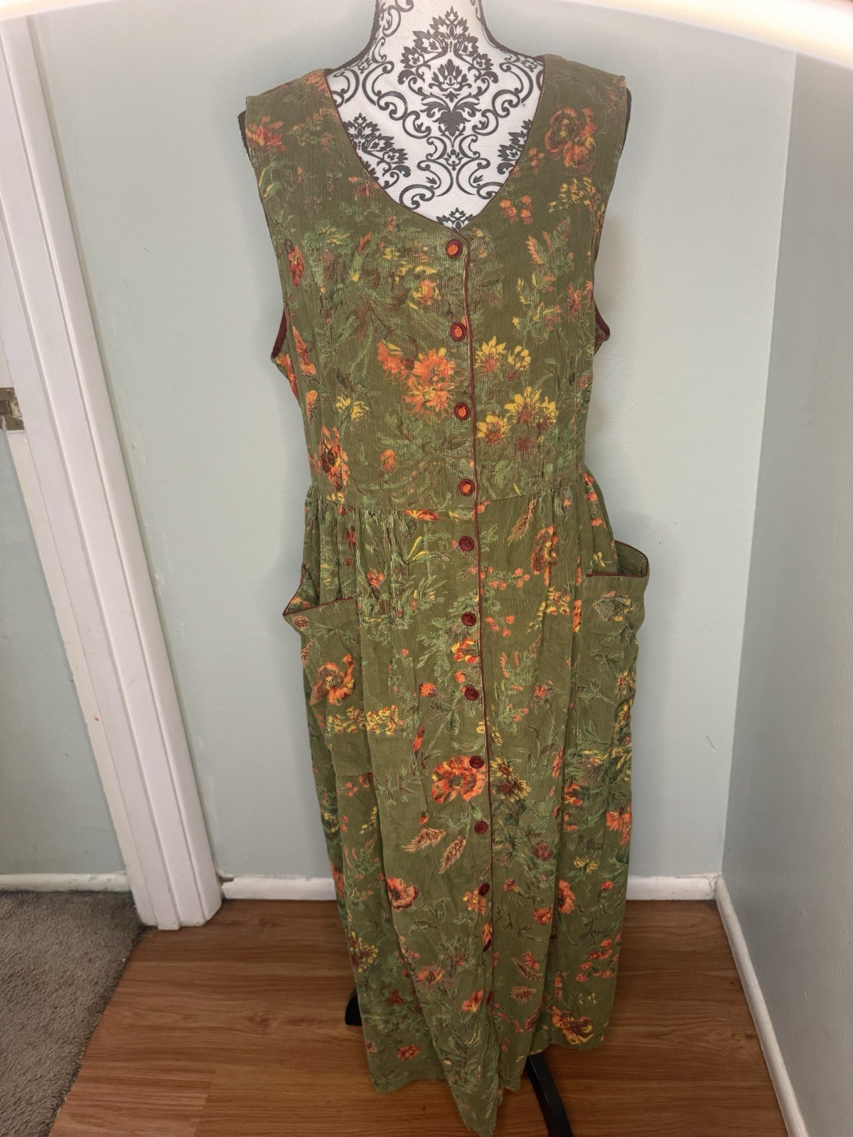 April Cornell Vintage Green Corduroy Dress XXL Sleeveless Button Front Pockets