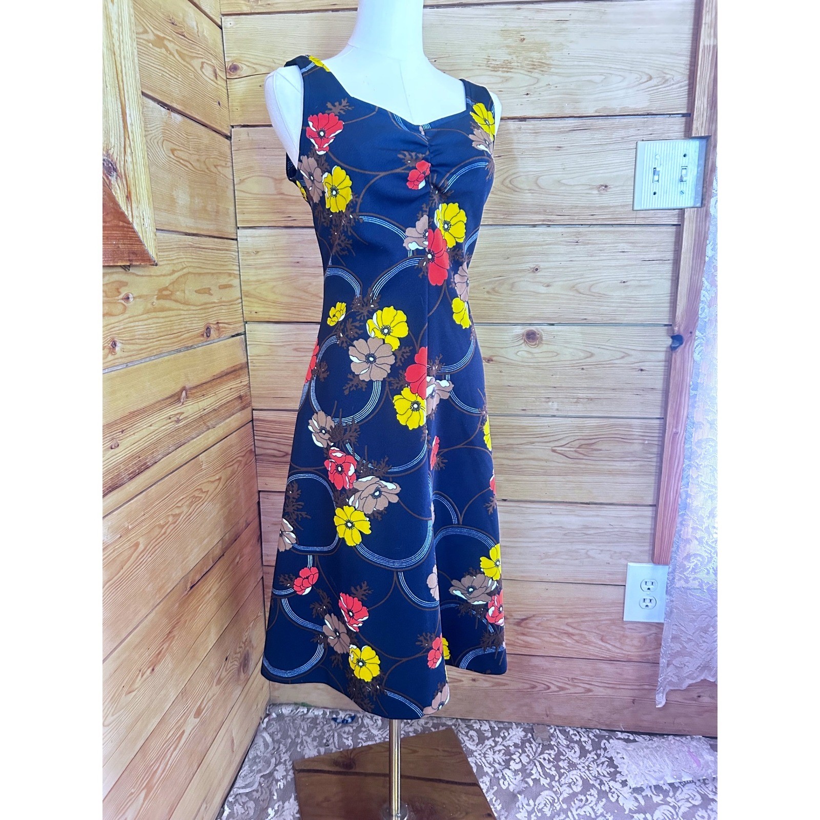 Vintage Floral Sweetheart Midi Dress Womens Medium Navy Blue 70s Retro Handmade
