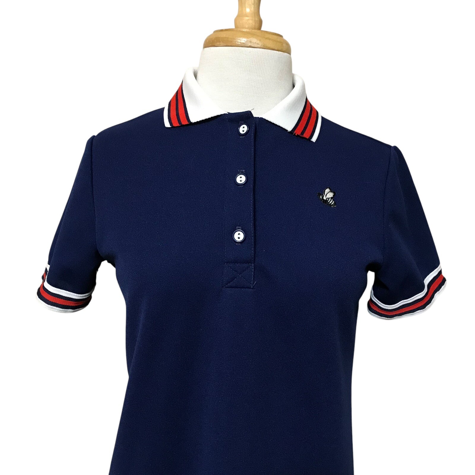 Sears Vintage Polyester Short Sleeve Day Dress Bee Embroidered Navy Blue Medium