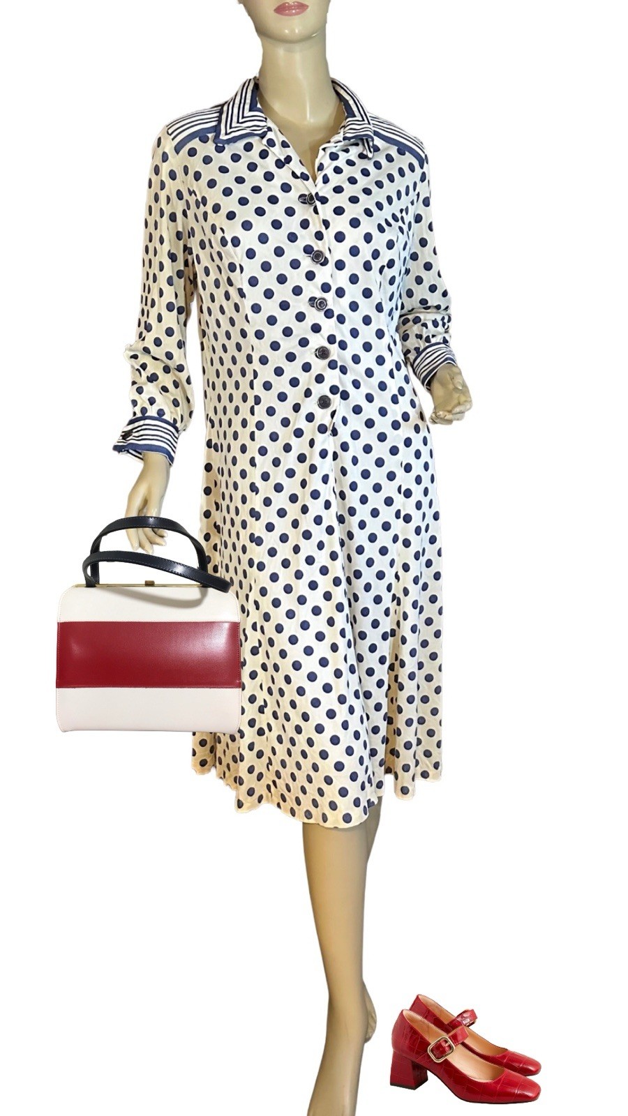VINTAGE 1980’S ARNEL BLUE & WHITE STRIPED & POLK A DOT PRINT SHIRT DRESS SIZE L