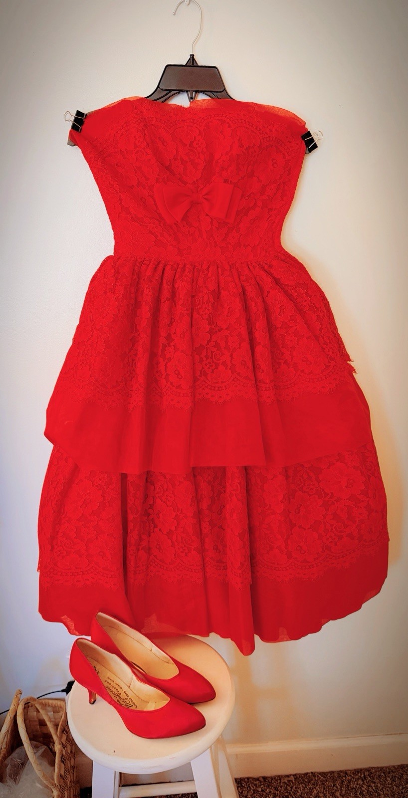 VTG 1950s Red Cupcake Lace Prom Dress SZ S w/ Red Pumps SZ 8.5 Rockabilly