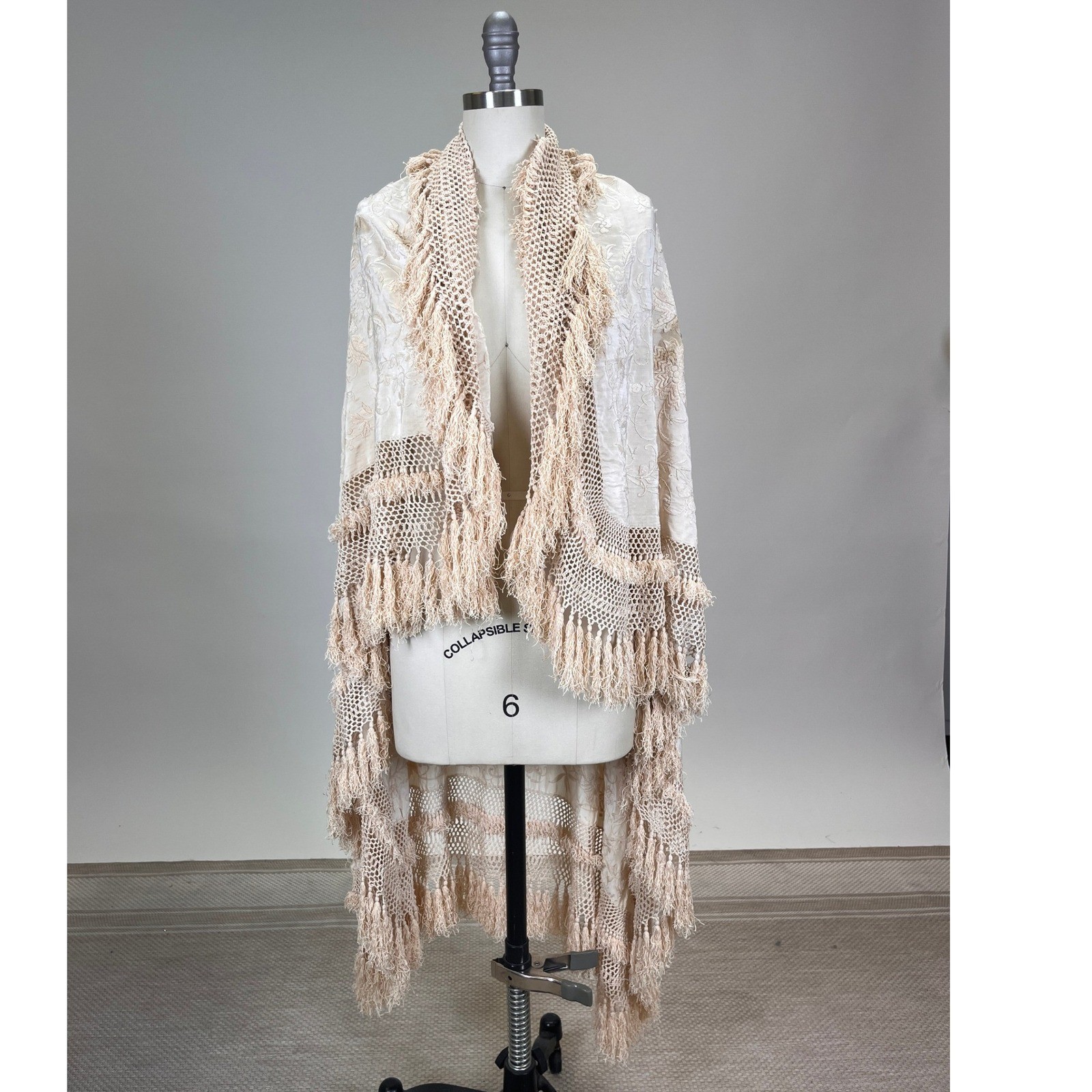 Antique 1920s Embroidered Silk Piano Shawl Cream Flowers Double Layer Fringe