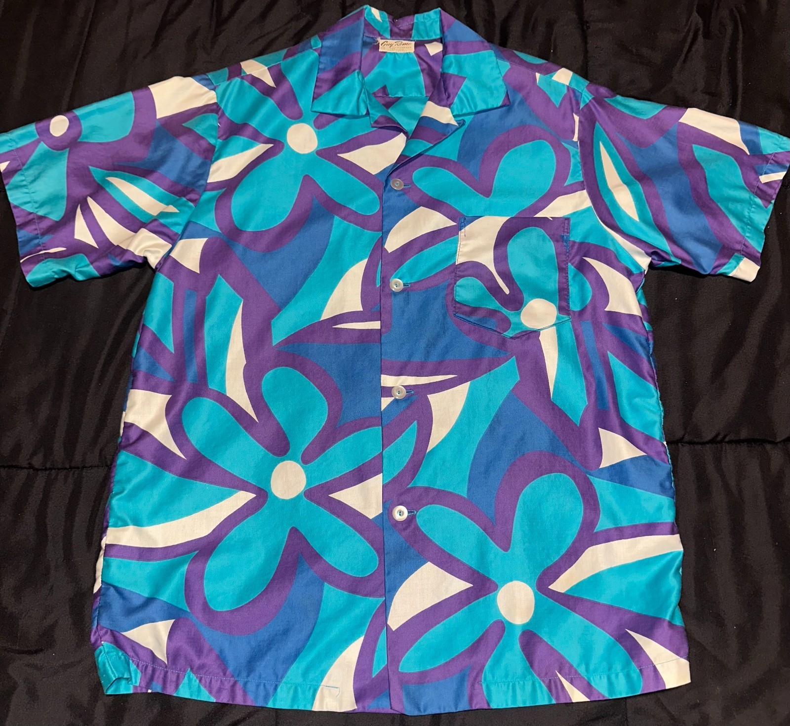 Vintage Guy Romo Hawaiian Shirt Psychedelic Floral Blue Tiki Oasis Medium