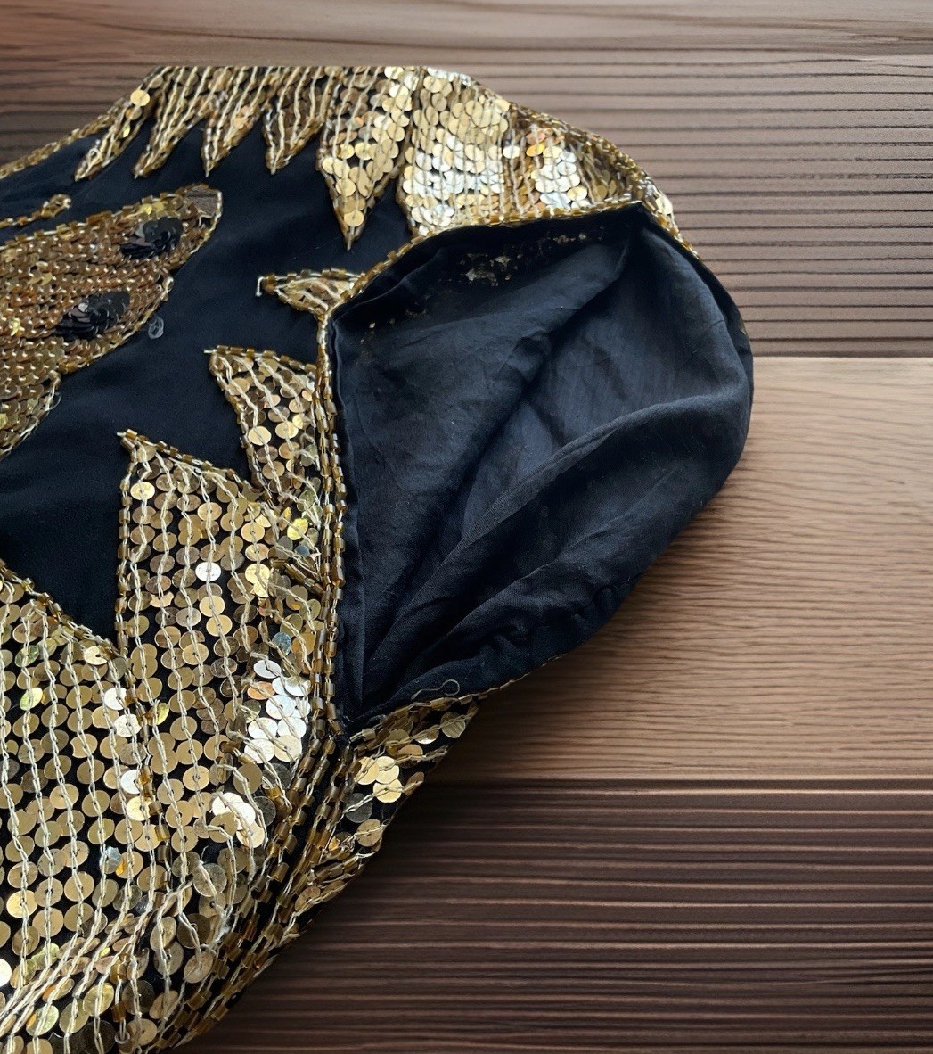 VTG 80s SCALA Women’s O/S Black Silk Gold Sequins Butterfly Top Glam Art Deco