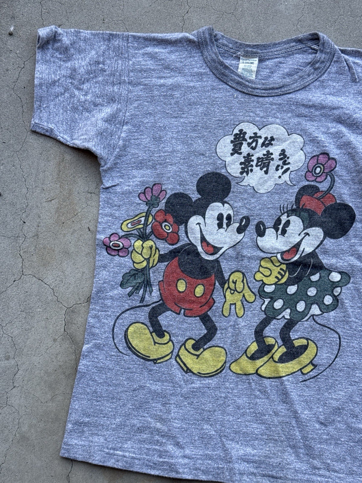 Vintage 70s Disney Mickey Minnie Mouse T Shirt Japanese Flowers Grey Sportswear