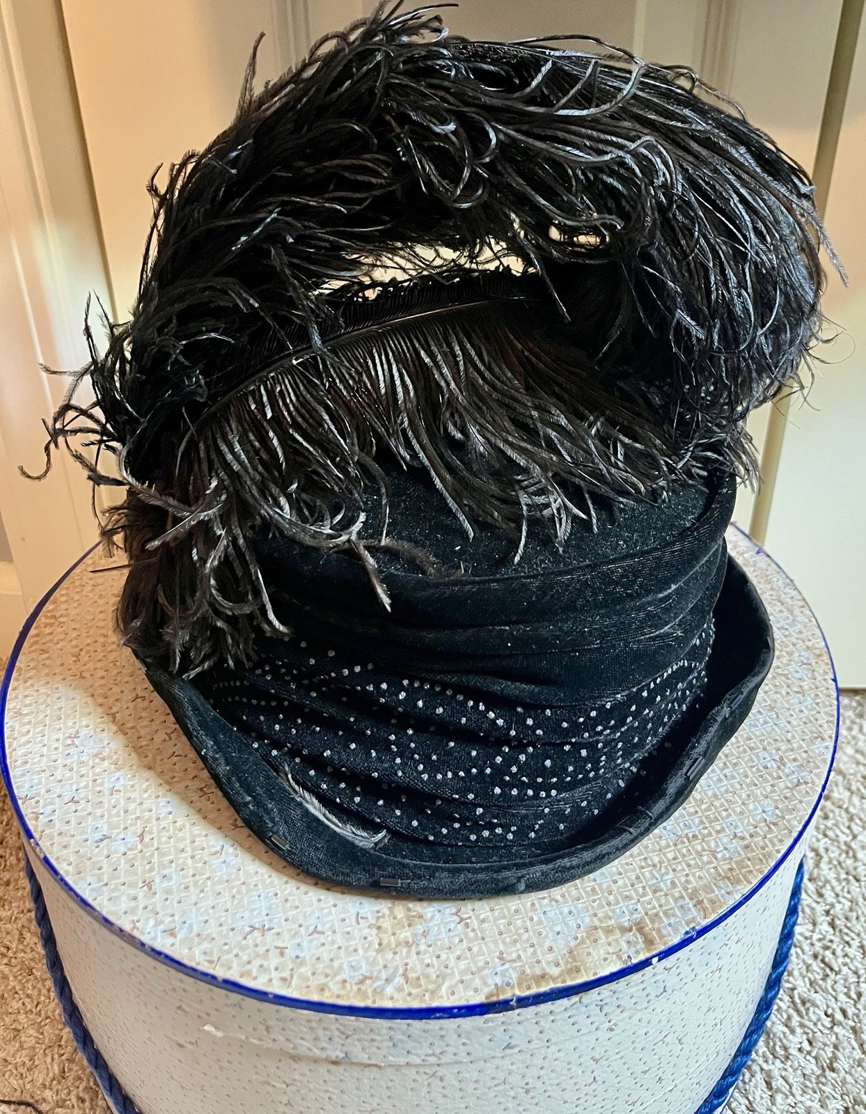Antique 1917 Black Edwardian Satin Dress & Feathered Hat Set