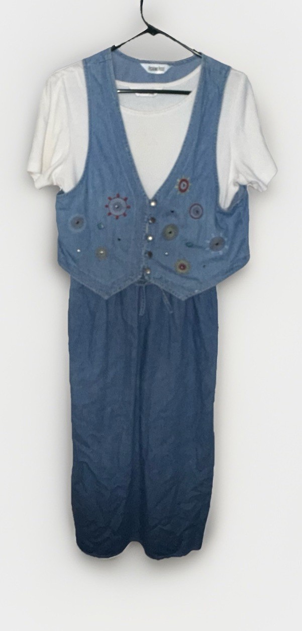Vtg 90s 2 Piece T Shirt & Denim Maxi dress With Embroidered Vest Petite Medium