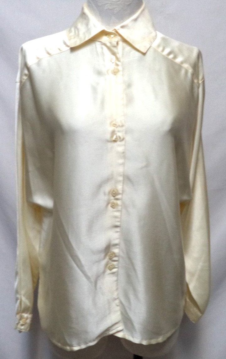 CHUAS Size Sz 14 Vintage Satin cream button down top blouse collared
