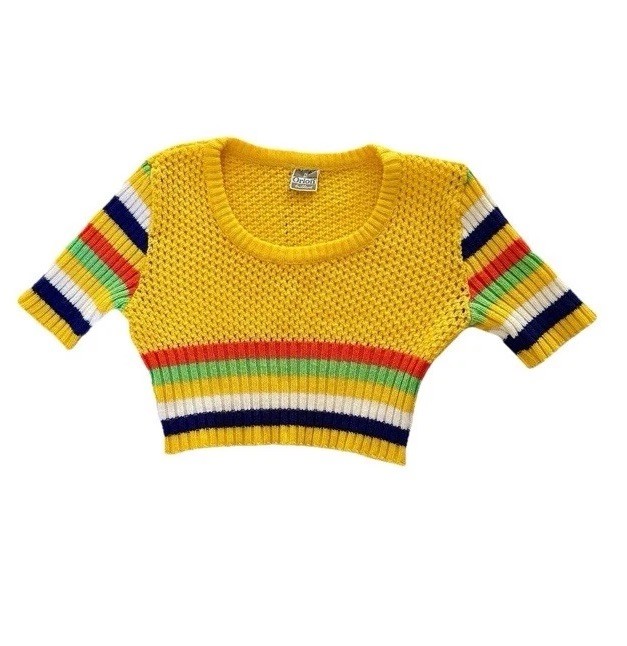 Vintage 70s Orlon bright yellow crochet short-sleeve crop top with stripes-Sm