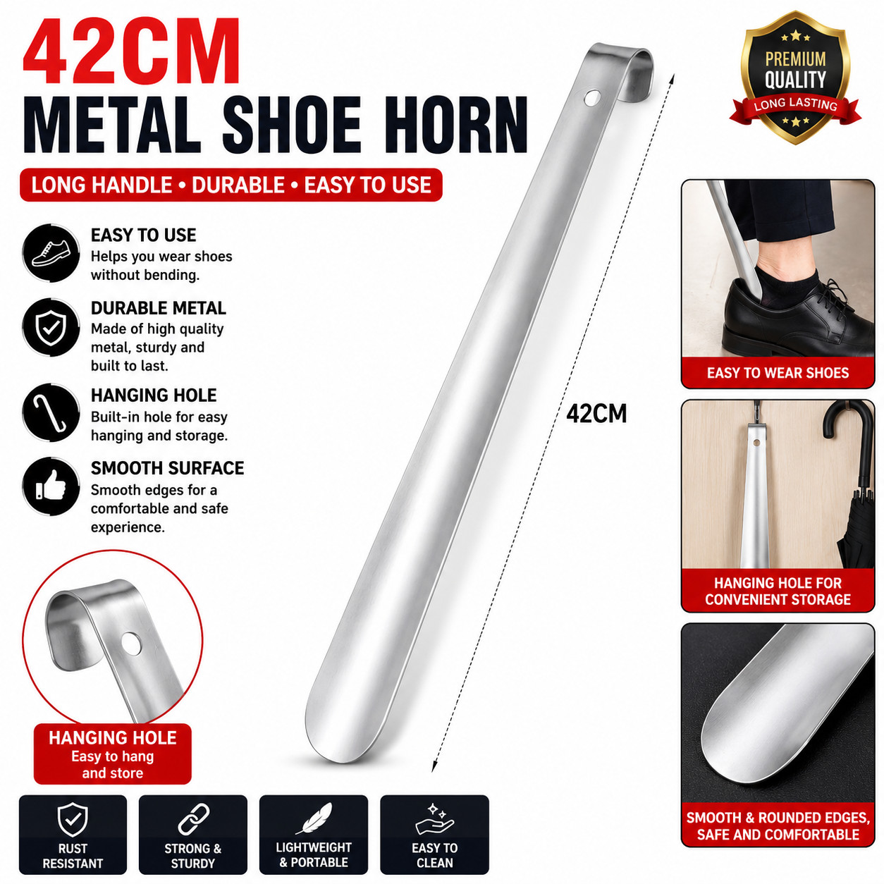 Stainless Steel Shoehorn Long Handle Metal Shoe Horn Easy Wear Helper 42/52cm