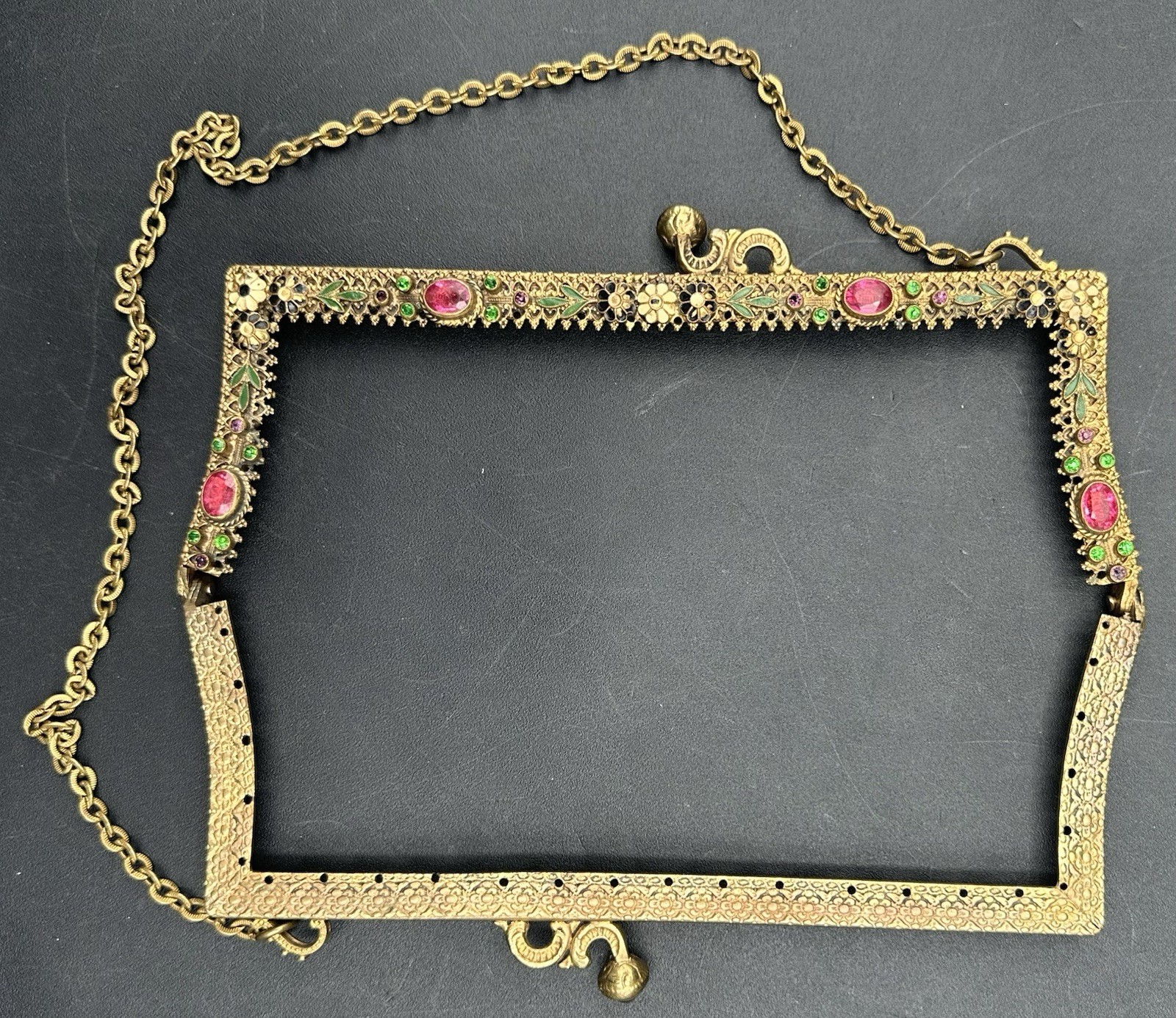 Antique Neiger Brothers Czech Brass Rhinestone Enamel Purse Frame Edwardian
