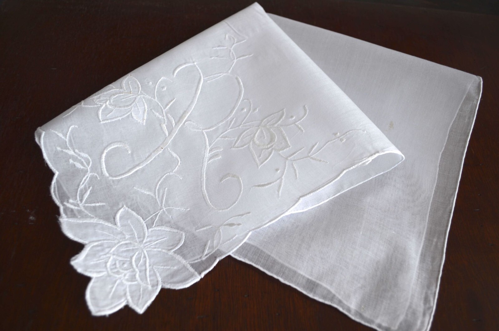 VINTAGE HANKIE MONOGRAM INITIAL “R” EMBROIDERED WHITE ON WHITE HAND ROLLED NEW