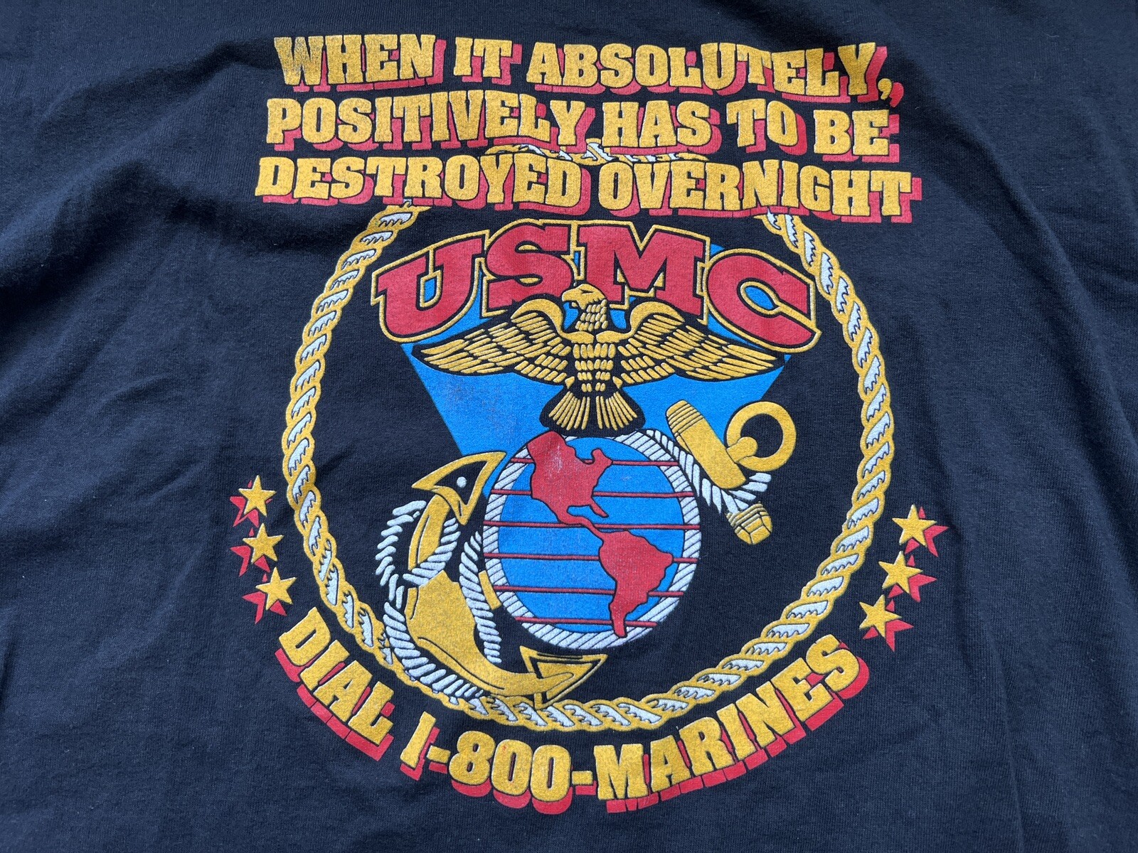 Vintage US Marines Vtg Mens Black T Shirt Large Destroyed Overnight Semper